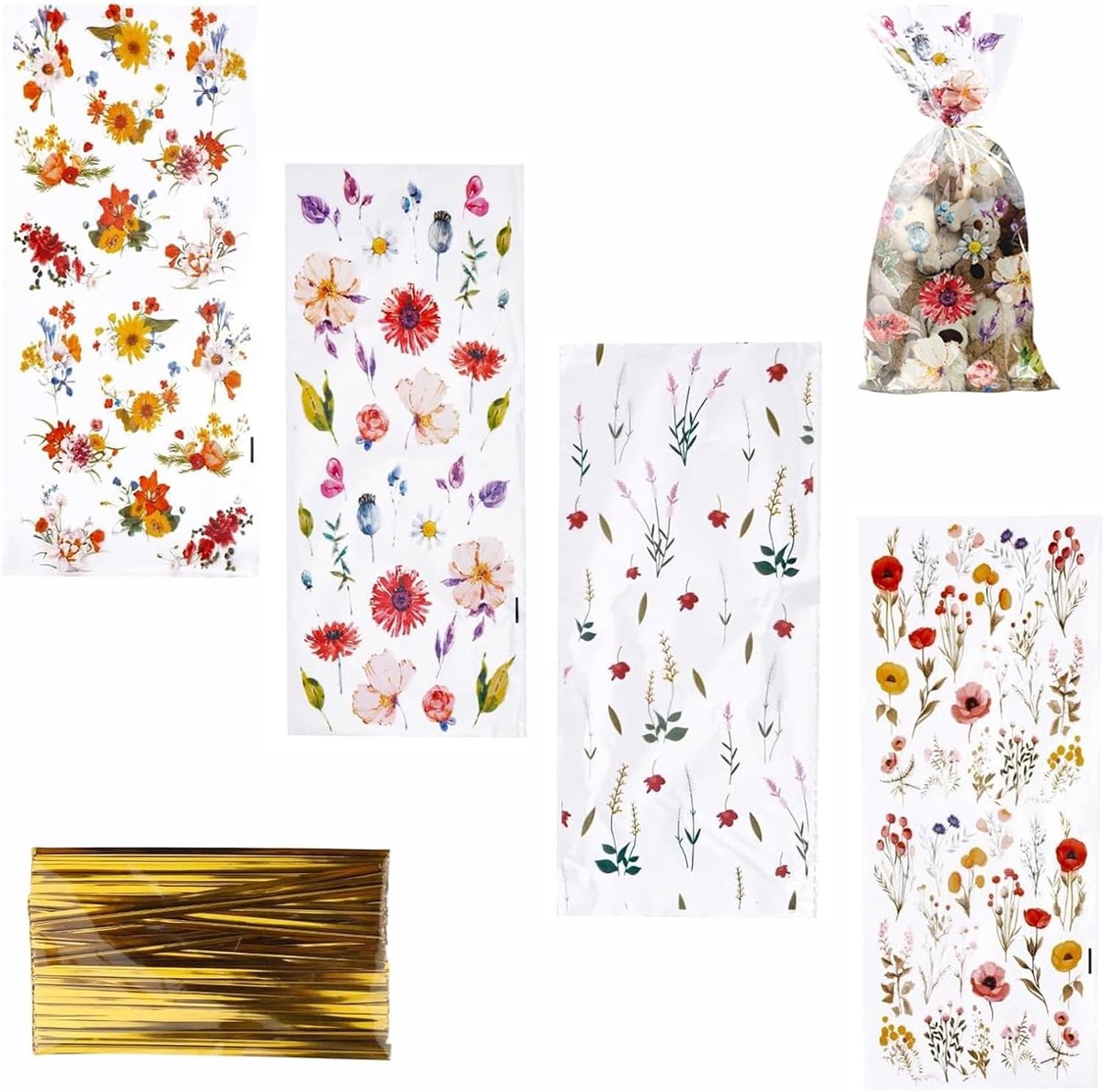 Set van 100 Transparante Cadeauzakken met 4 Ontwerpen voor Lente Feesten, Verjaardagen en Bruiloften met Ribbons