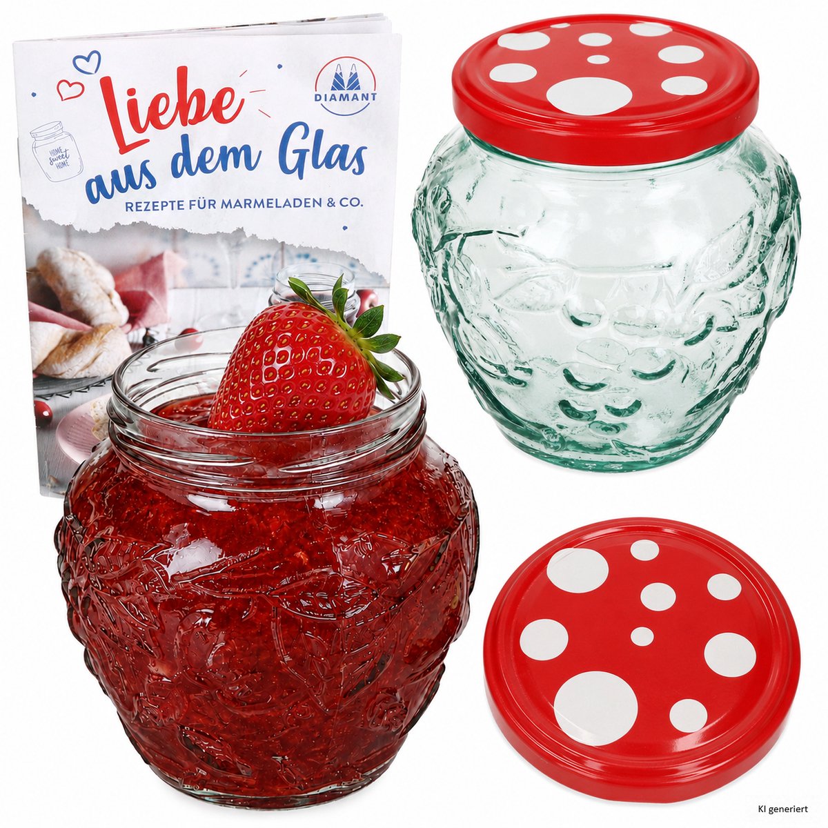 2-delige set jamfles 580ml FRUTTA VASO met fruit-relief + TO82 deksel vliegenzwam