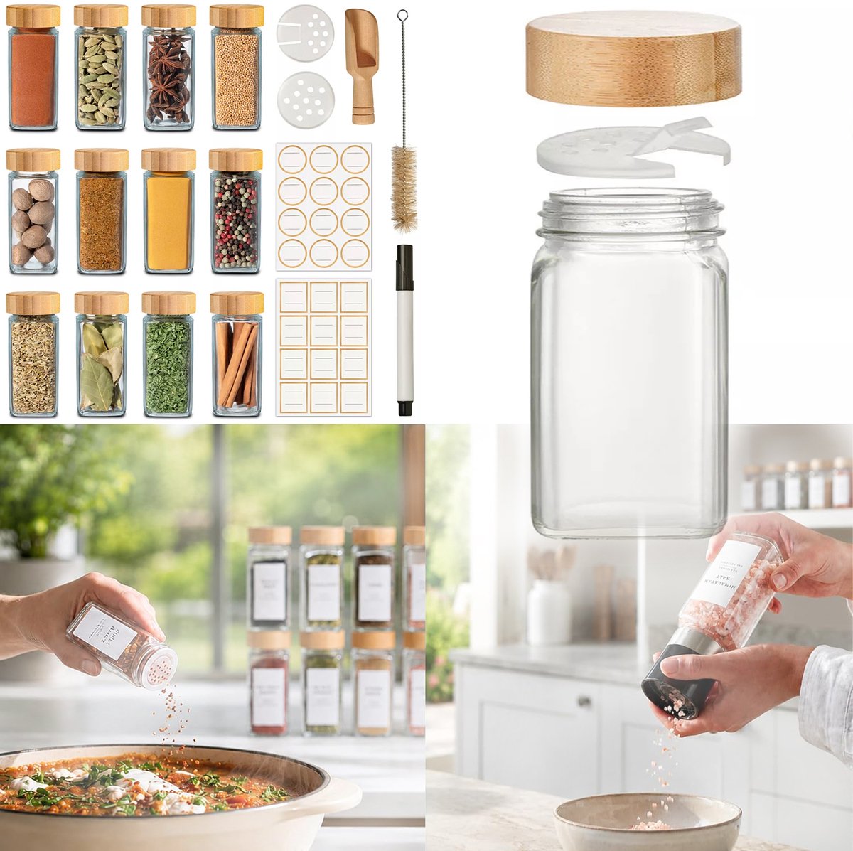 Glazen Kruidenpotjes Van 120 Ml, Kruidenpotjes Voor in De Keuken, Set Kruidenpotjes en -Flesjes, Vierkante Glazen Kruidenpotjes.