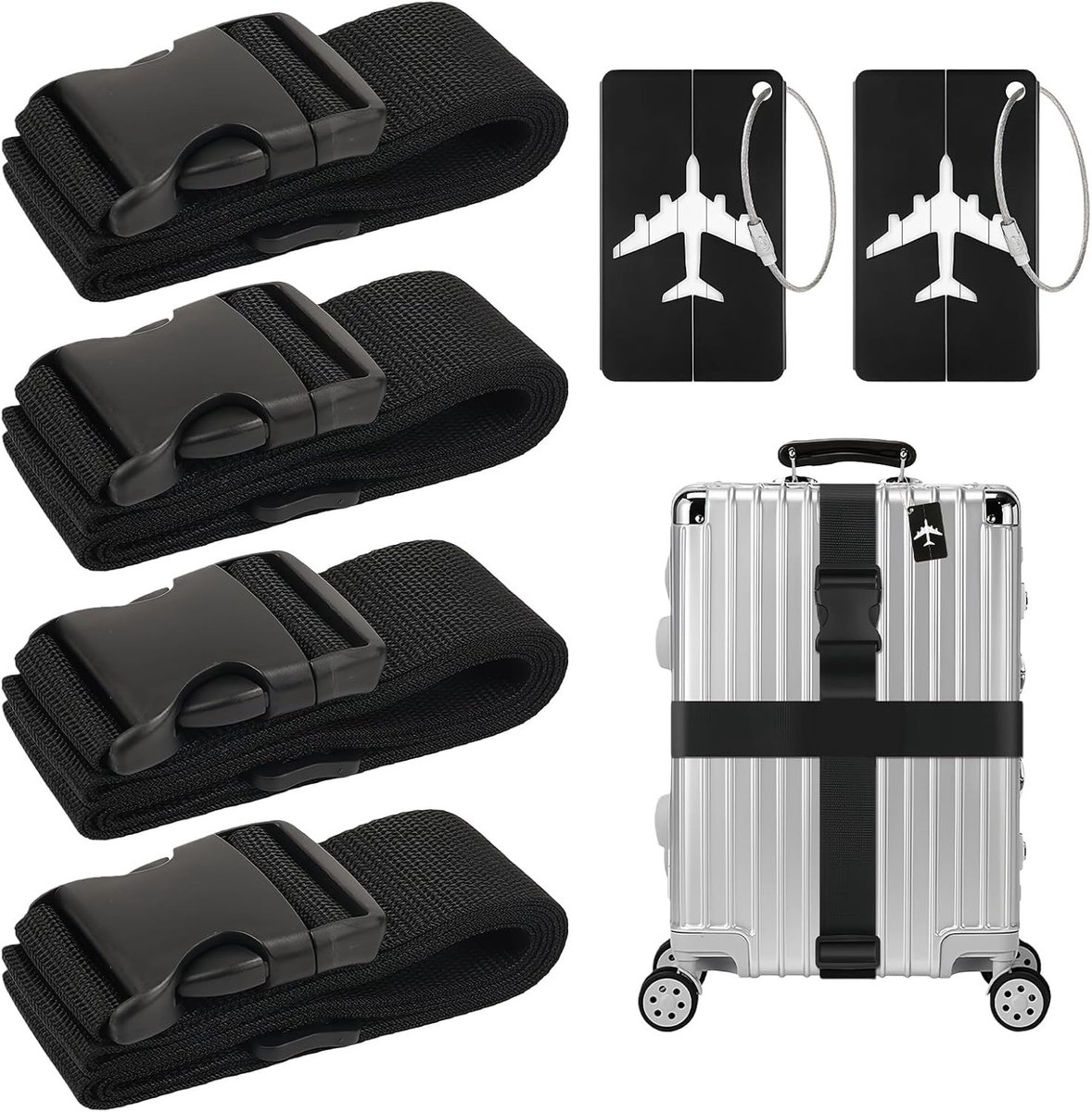 Verstelbare Kofferspannen en Kofferhangers - 4 Stuks, 200 x 5 cm, Zwart - Ideaal voor Reiskoffers, Bagage en Reisaccessoires