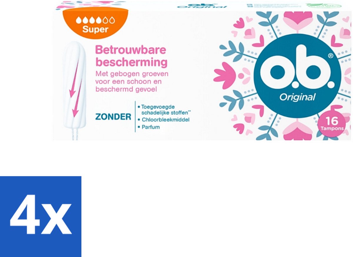 4 x o.b. Tampons - Original Super - Gebogen Groeven - Voor Betrouwbare Bescherming - 16 Tampons - Tampons - Menstruatiebescherming - Gebogen Groeven - StayDry - Plantaardige Kern