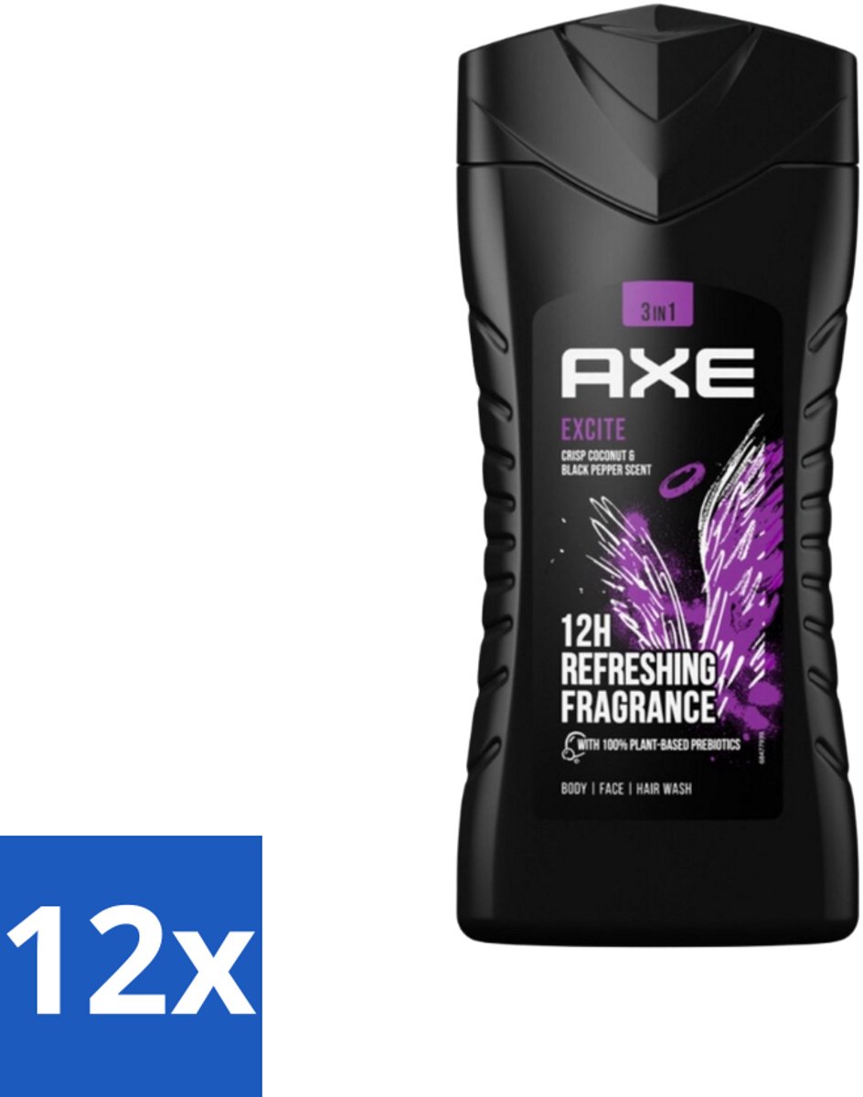 Axe - 3-in-1 Douchegel - Excite - Douchegel - Crisp Coconut & Black pepper - 100% Plantaardig - 250 ml - Voordeelverpakking - 12 stuks