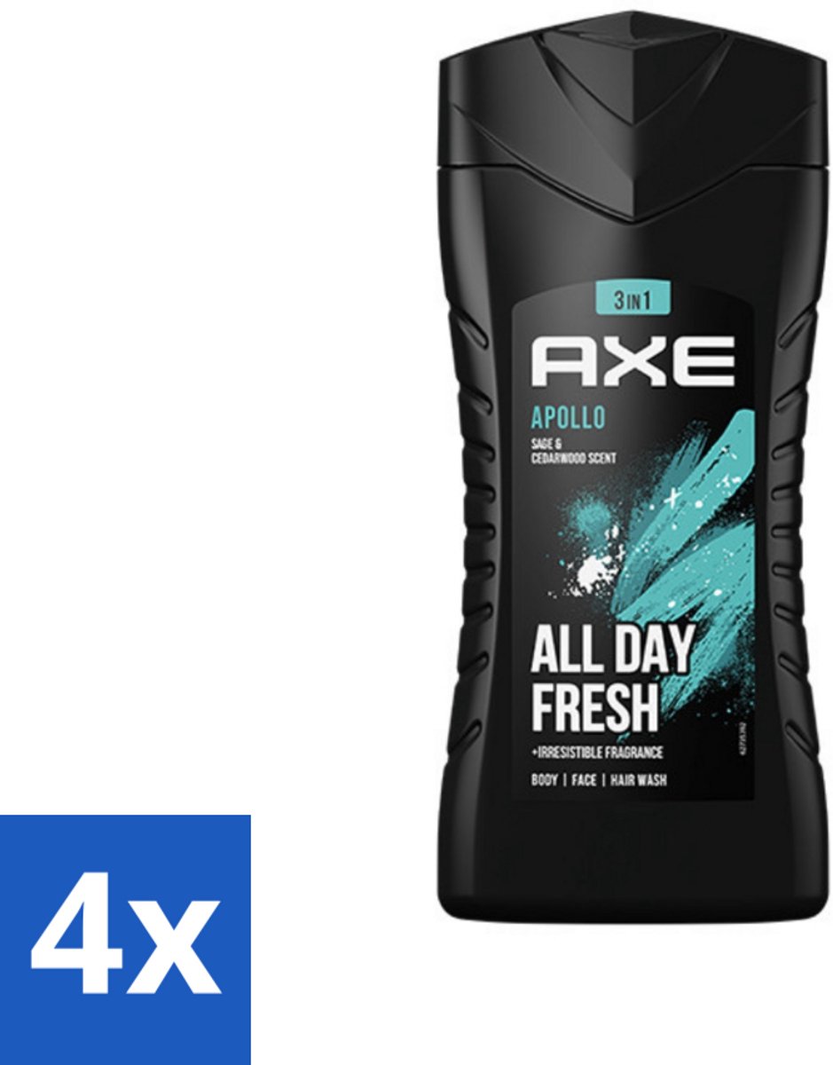 4 x Axe - 3-in-1 Douchegel - Apollo - Sage & Cedarwood - 250 ml - Douchegel - Mannelijke Geur - 3-in-1 - Cederhout - Groen Fruit