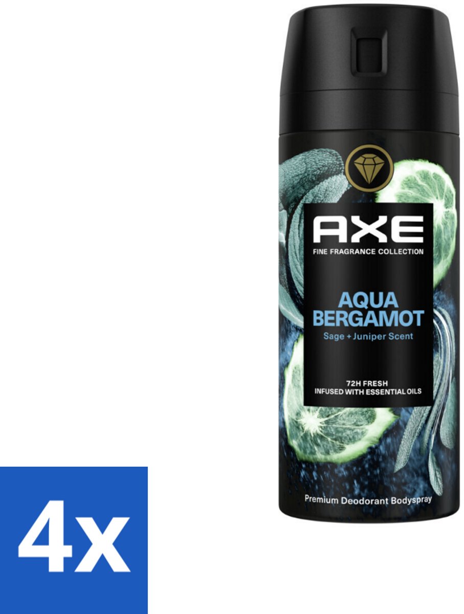 4 x Axe Deodorant Bodyspray Aqua Bergamot 150 ml - Aqua Bergamot Deodorant - Bodyspray - Geur - Lichaamsgeur Bescherming - Premium Geur