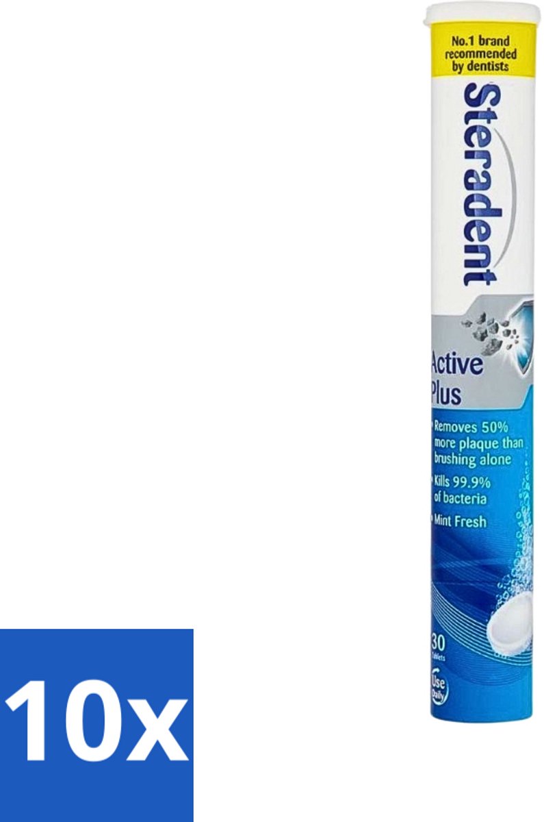 10 x Steradent - Reinigingstabletten - Active Plus - Tegen Tandsteen & Bacteriën - 30 Tabletten - Kunstgebit Reinigen - Tandsteen Verwijderen - Bacteriën Doden - Mondhygiëne - Adem Verfrissen