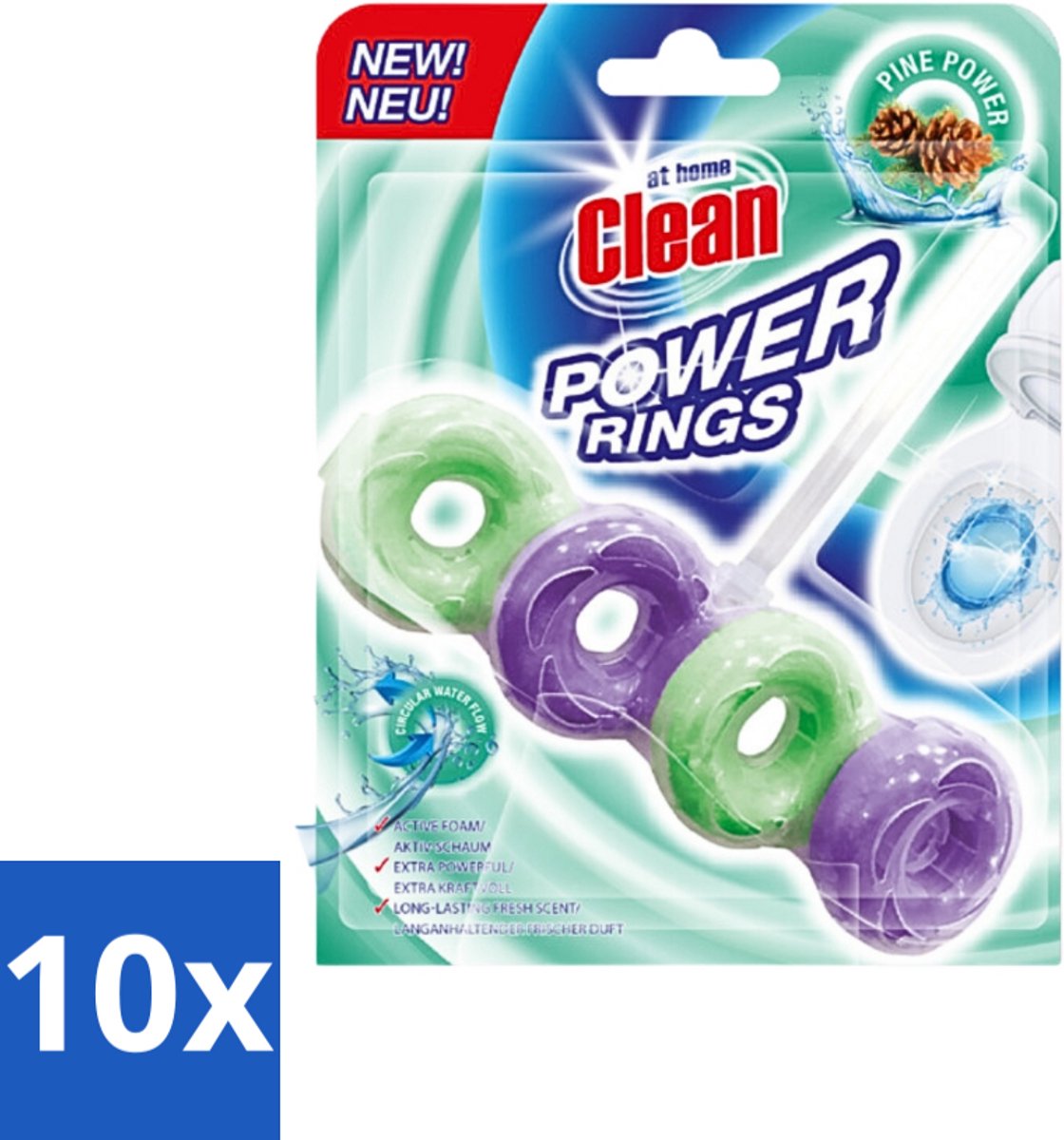 10 x At Home - Clean - Toiletblok - Power Rings - Pine Power - Extra Sterk - 1 Blok - Toiletblok - Toilet Reinigen - Frisse Geur - Dennengeur - Toilet Hygiëne