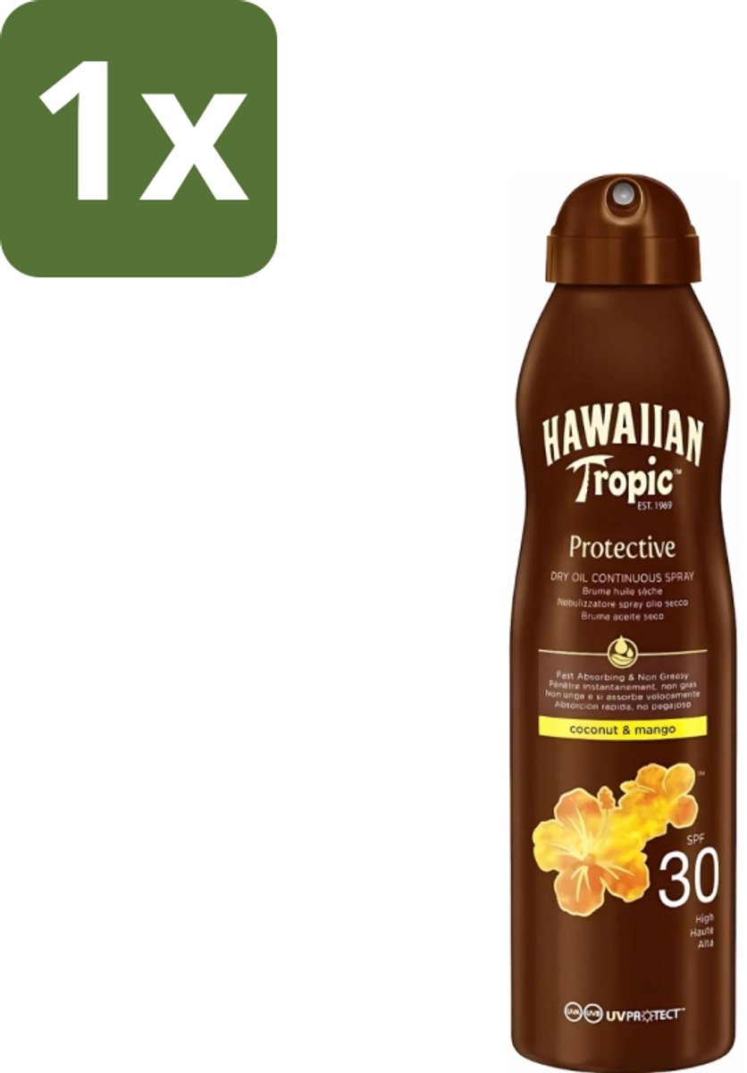 1 x Hawaiian Tropic - Zonnebrand - Island Glow Dry Oil Continuous Spray SPF 30 - Hydraterend & Beschermend - 177 ml - Zonnescherm Spray - Zonbescherming Spray - Droge Olie Spray - SPF 30 - Zonbescherming Huid