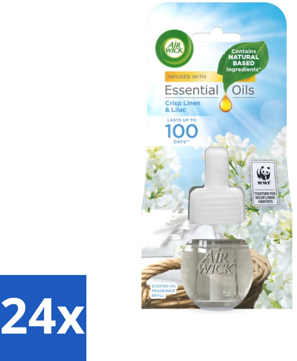 Air Wick - Luchtverfrisser Navulling - Essentiële Oliën - Fris Linnen & Lilac - Elektrische Geurverspreider - 20 ml - Voordeelverpakking - 24 stuks