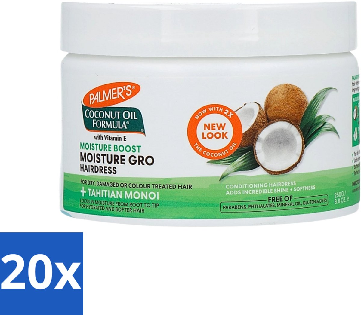 20 x Palmers - Cremespoeling - Coconut Oil - Condit Pot - 250 ml - Kokosolie Conditioner - Droog Haar - Beschadigd Haar - Haar Herstel - Haar Hydratatie