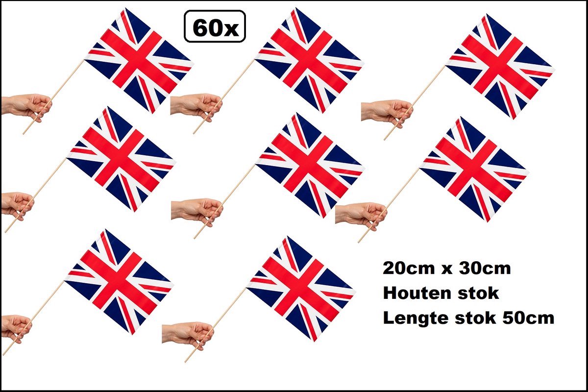 60 stuks Luxe Zwaaivlaggetjes op stok Union Jack 20cm x 30cm - lengte stok 50cm - Zwaai vlaggetjes Great Britain thema feest voetbal festival uitdeel