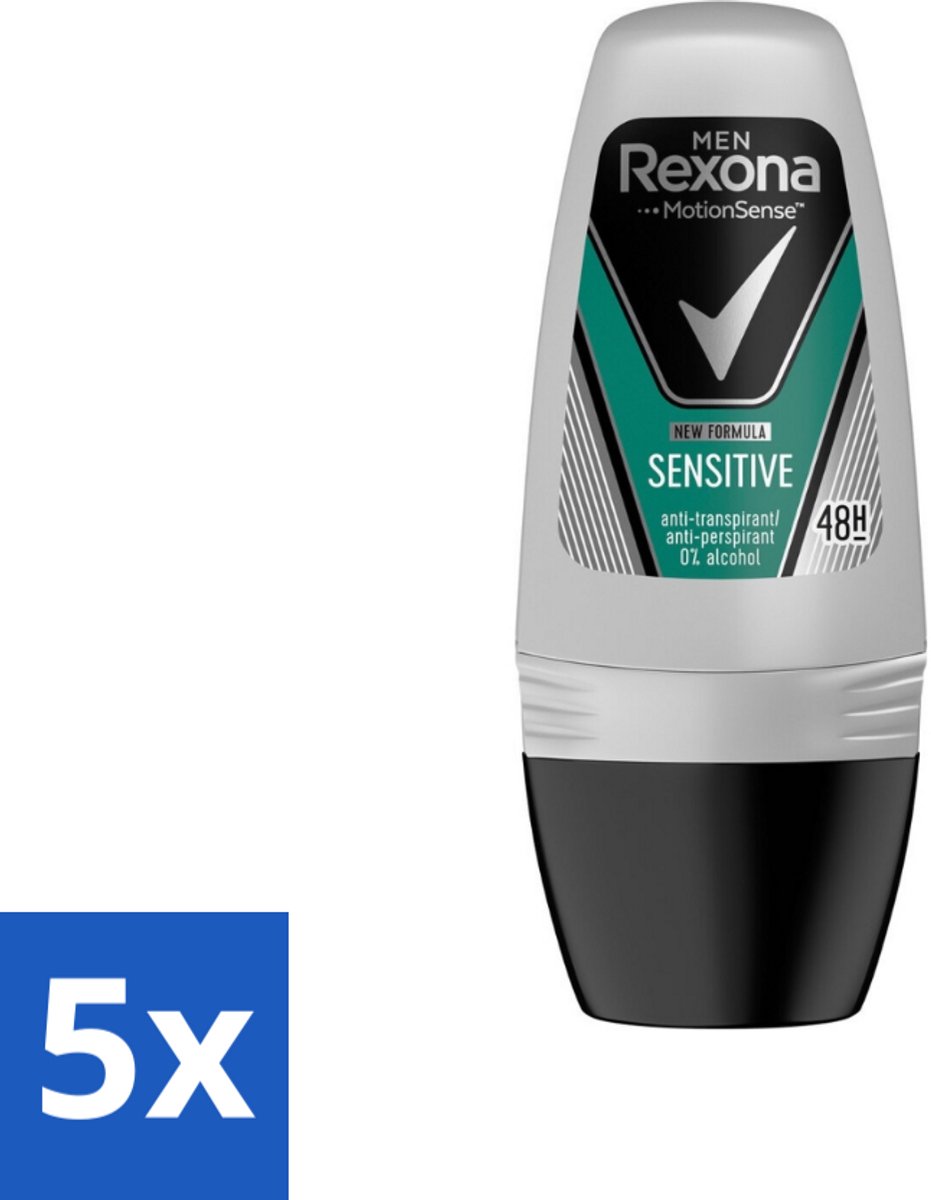 5 x Rexona Men - Sensitive - Deo Roll-on - Anti-transpirant - 50 ml - Gevoelige Huid - Deodorant Voor Mannen - Anti-transpirant - Roll-on Deodorant - Zweetbehandeling