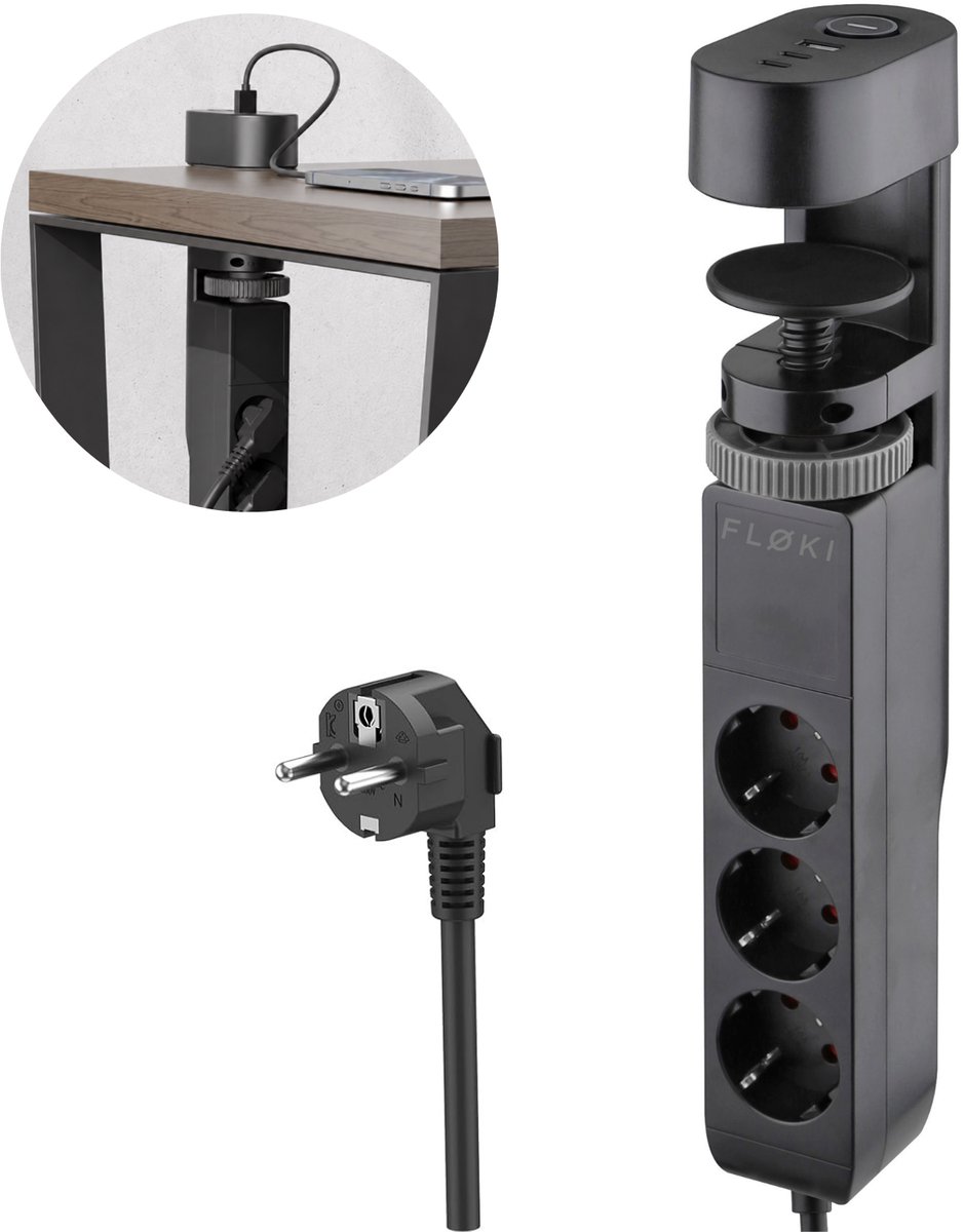 Floki® Stekkerdoos met USB en Schakelaar - 20W Snelladen - 3 Stopcontacten - USB-C & USB-A - 1,4M Snoer - Zwart - Tafelstopcontactdoos voor Bureau