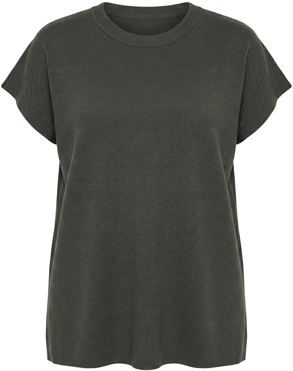 Ulla Popken - Dames - Slipover oversized opstaande kraag mouwloos - Donkerkaki - Maat 62+