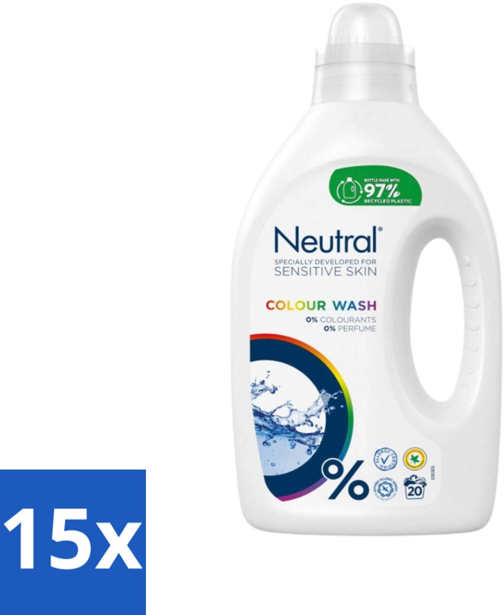 15 x Neutral Vloeibaar Wasmiddel Kleur 20 Wasbeurten 1 liter - Gekleurde Was - Wasmiddel - Wasmiddel 0% Kleurstof - Wasmiddel 0% Parfum - Hypoallergeen Wasmiddel