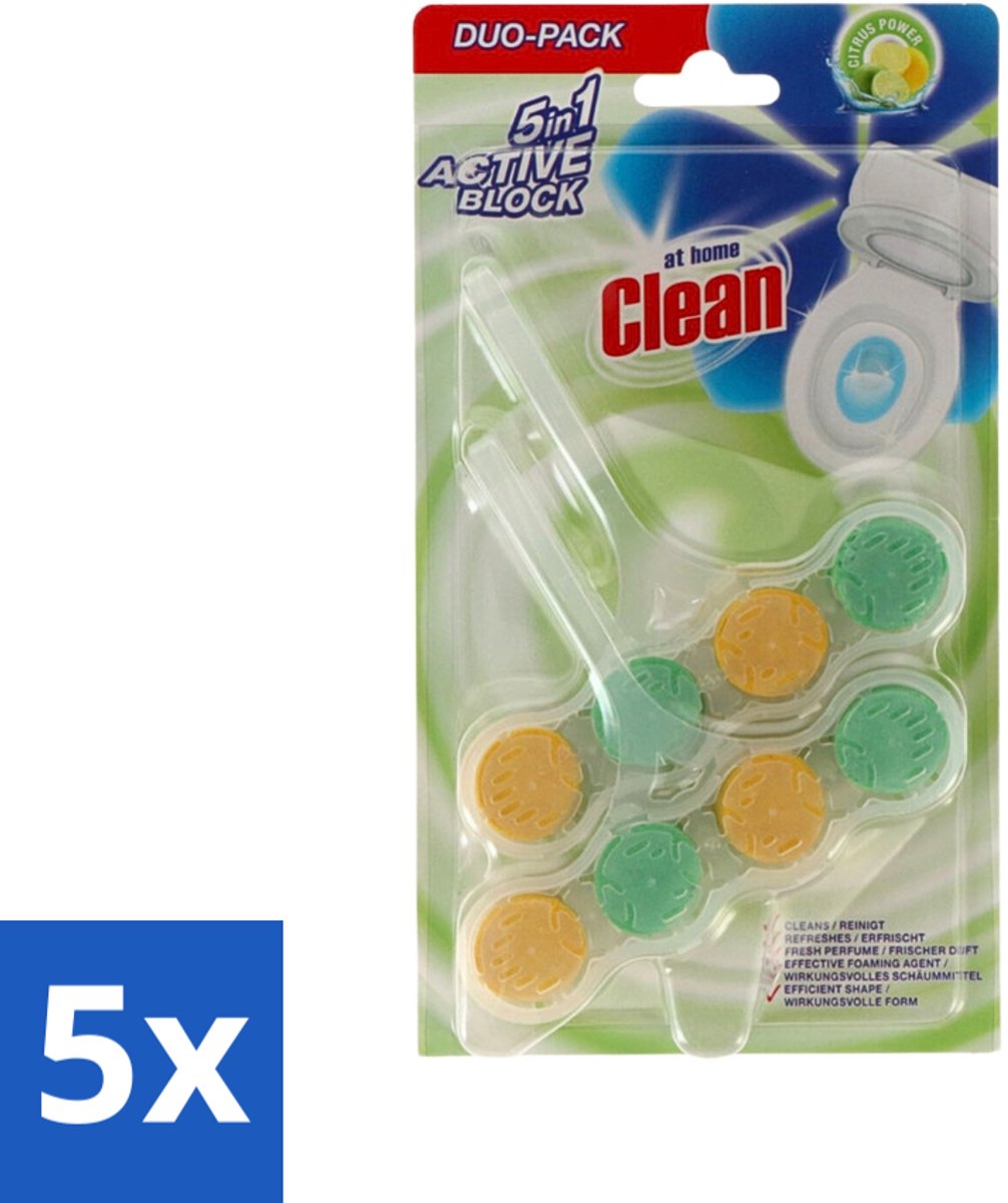 5 x At Home - Clean - Toiletblok - 5in1 Active - Citrus Power - Neutraliseert & Reinigt - 2 Blokken - Toiletblok Citrus - Toilet Reinigen - Toilet Reinigingsmiddel - Toilet Schuim - Toilet Fris