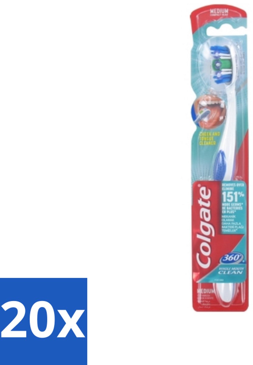 Colgate - Tandenborstel - 360 Whole Mouth Clean Medium - Wit/Blauw - 1 Tandenborstel - Bulkverpakking - 20 stuks