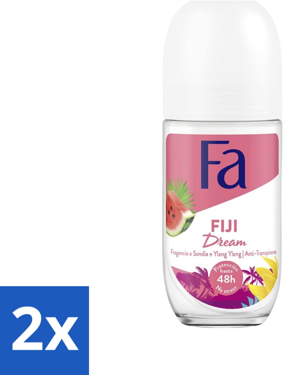 2 x Fa - Deodorant Roller - Fiji Dream - Watermeloen & Ylang Ylang - 48 uur Bescherming - 50 ml - 48 Uur Bescherming - Deodorant Roll-on - Watermeloen Geur - Ylang Ylang Geur - Huidvriendelijk