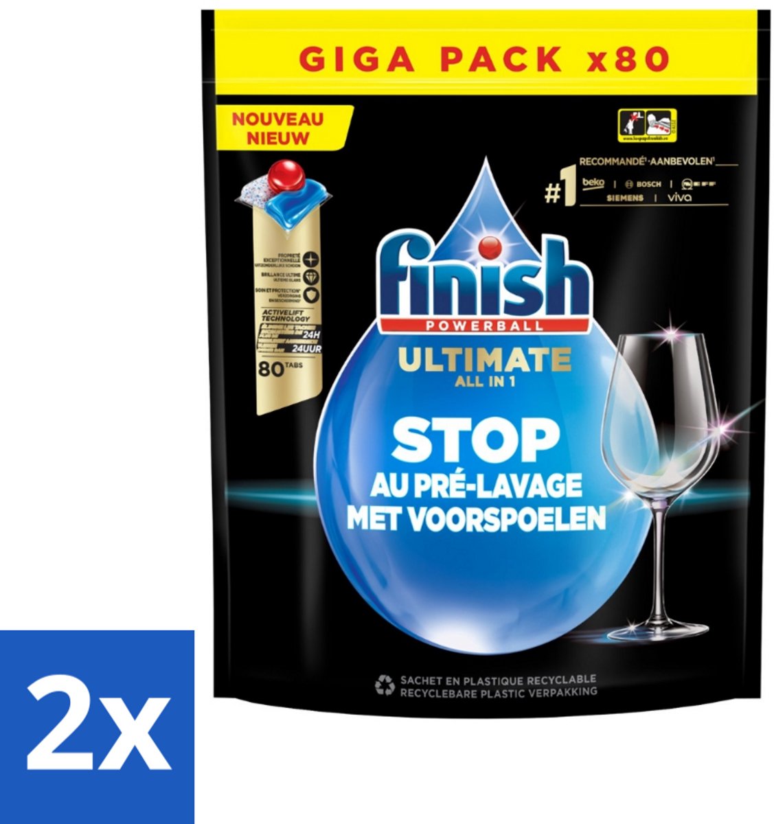 2 x Finish - Powerball - Vaatwasmiddel - Ultieme Alles In 1 - Glansspoelmiddel - 80 Wasbeurten - Vaatwasmiddel - Vaatwasmiddel Capsula - Reiniging Vaatwas - Glans Borden - ACTIVLIFT™ Technologie