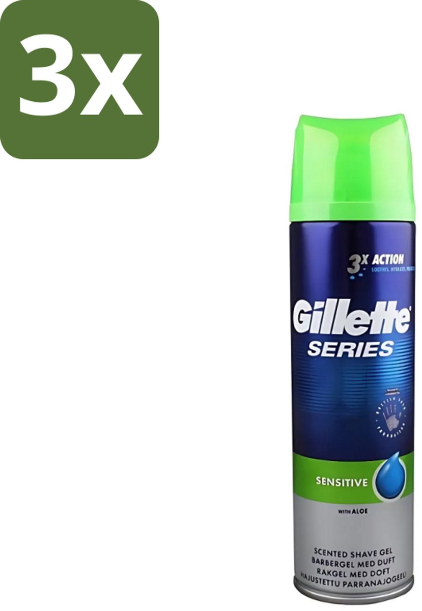 3 x Gillette Series - Scheergel - Sensitive - Aloe Vera - Voor de gevoelige huid - 200 ml - Gevoelige Huid - Scheergel - Aloe Vera - Menthol - Scheren