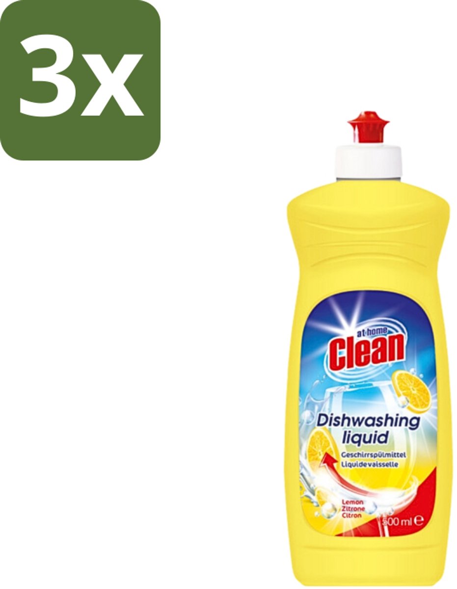 3 x At Home - Clean - Afwasmiddel - Lemon - Stralend Schone Vaat - 500 ml - Afwasmiddel - Vaat Reinigen - Vet Verwijderen - Citroengeur - Stralend Schone Vaat
