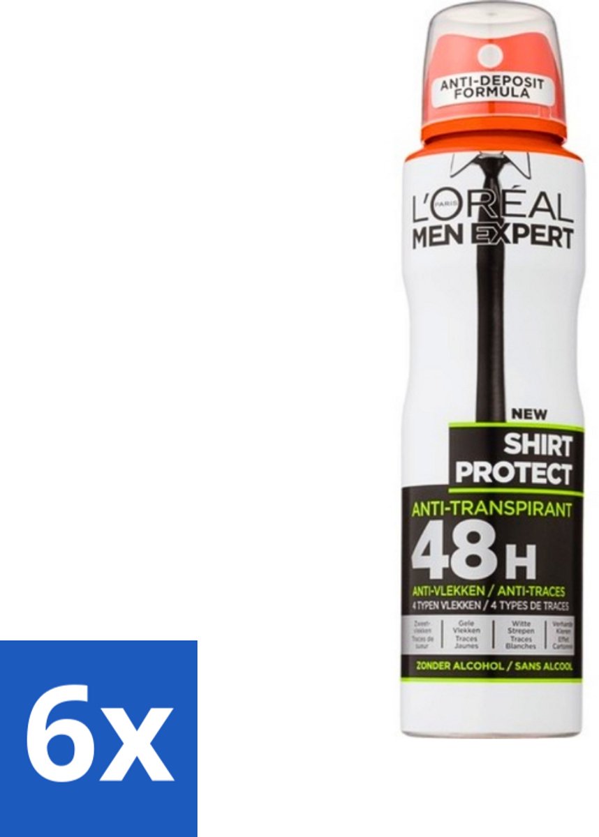 6 x L'Oréal Men Expert Shirt Protect - Deodorant - 150 ml - Deodorant Spray - Deodorant Spray - Anti-zweet - Anti-gele Vlek - Anti-witte Strepen - Kledingbescherming