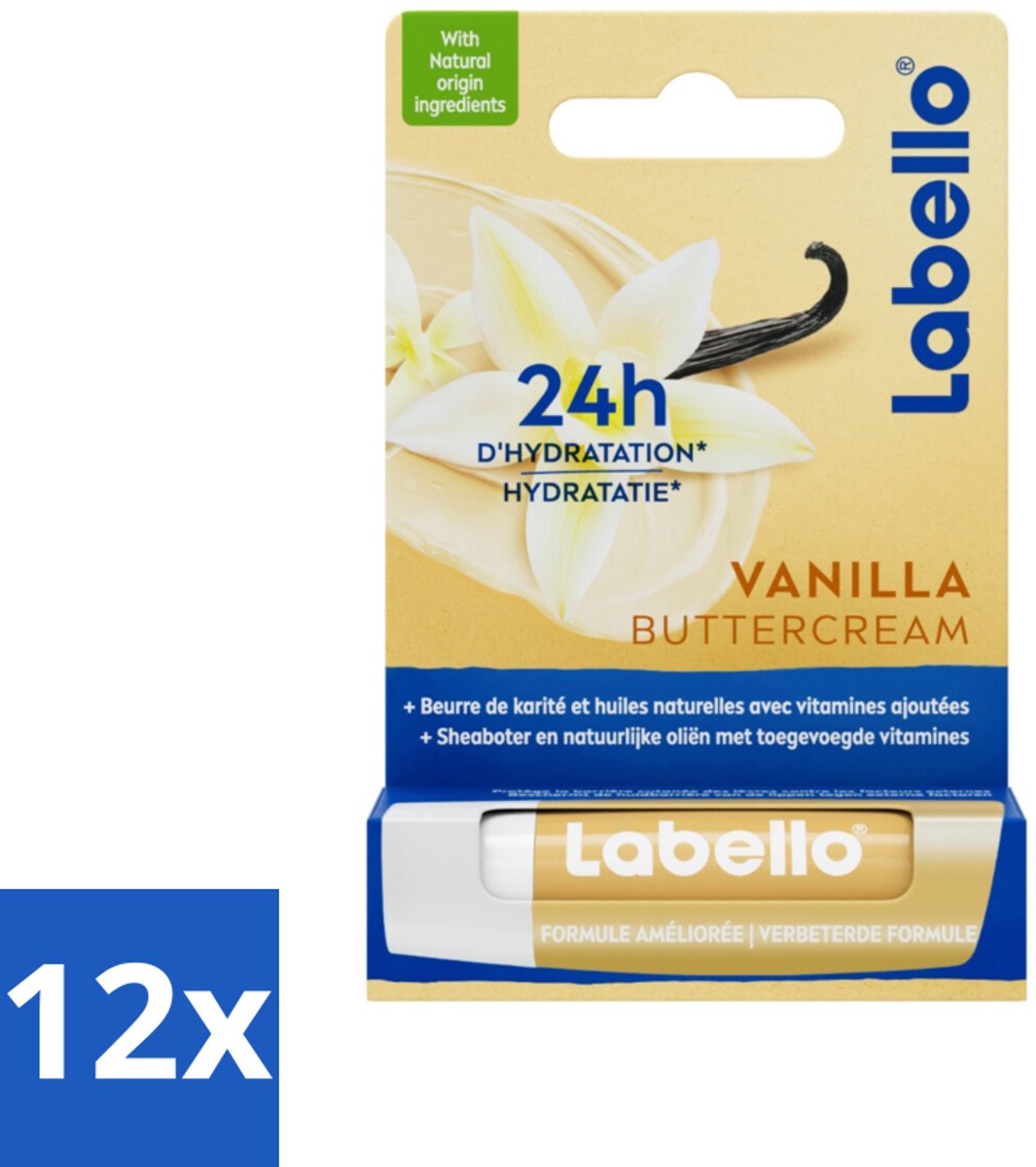 12 x Labello Lippenbalsem Vanilla Buttercream 4.8 gr - Lippenbalsem - Vanille - Hydratatie - Sheaboter - Lippen Verzorging