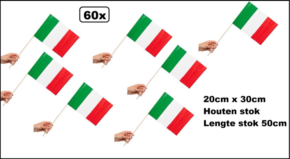 60 stuks Luxe Zwaaivlaggetjes op stok Italie 20cm x 30cm - lengte stok 50cm - Zwaai vlaggetjes EK WK thema feest voetbal festival uitdeel Italiaans