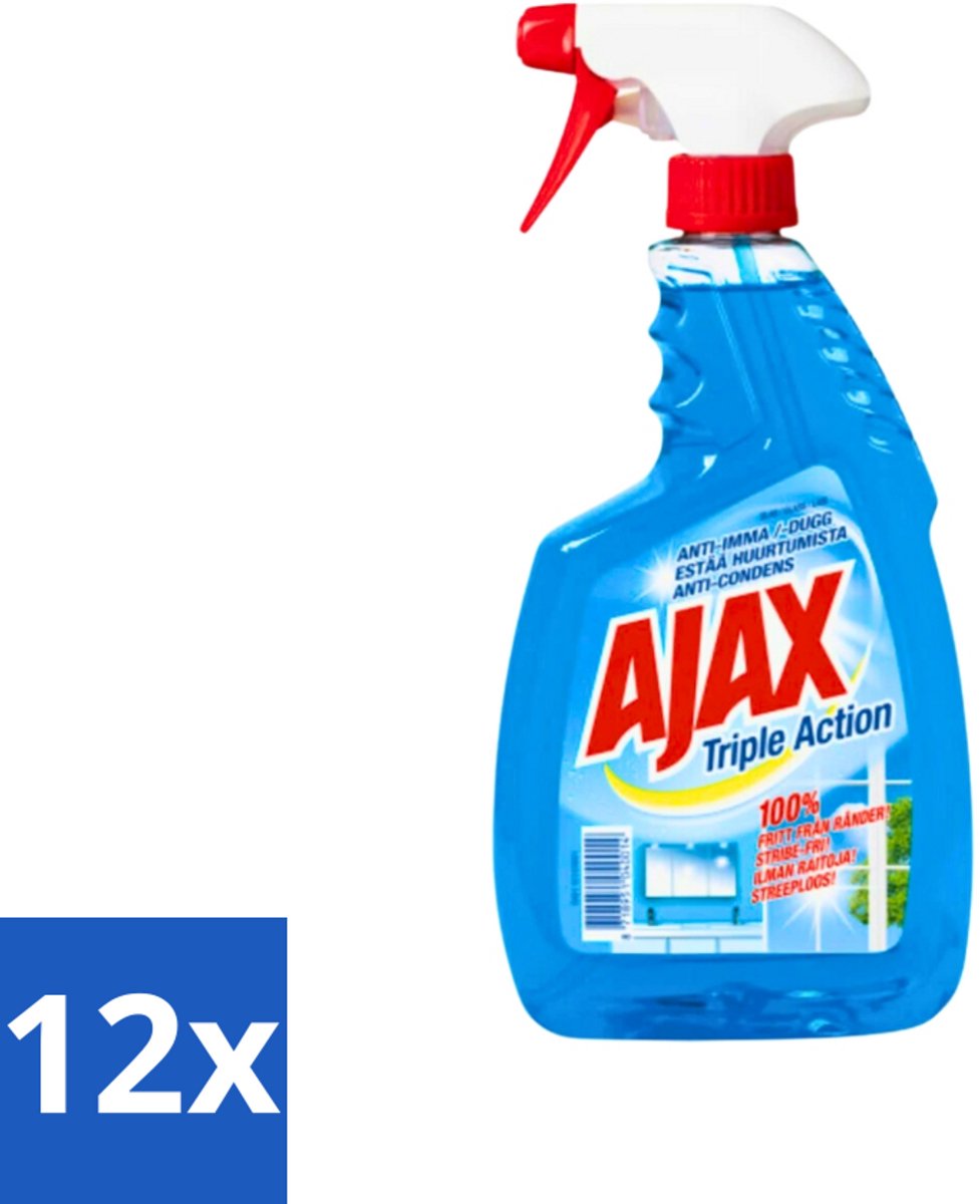 12 x Ajax - Glasreiniger Spray - Triple Action - Streeploos Schoon - Anti-Condens - 750 ml - Glas Reinigen - Ramen Reinigen - Glas Reiniger - Schrobben Vrij - Na Spoelen Vrij