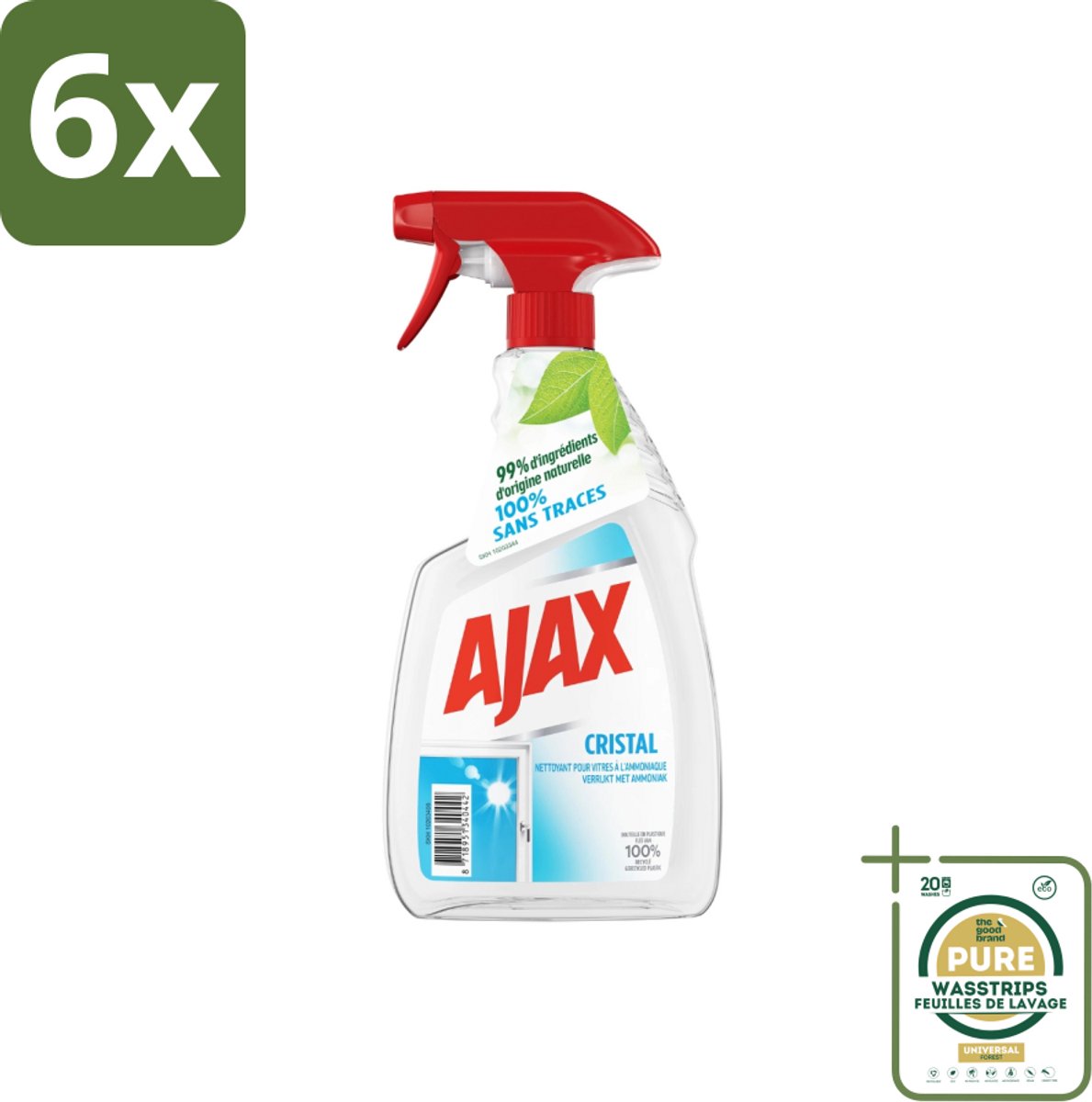 Ajax - Ruitenreiniger - Cristal - Spray Met Ammoniak - 750 ml - Voordeelverpakking - 6 stuks - Ammoniak - Streeploos