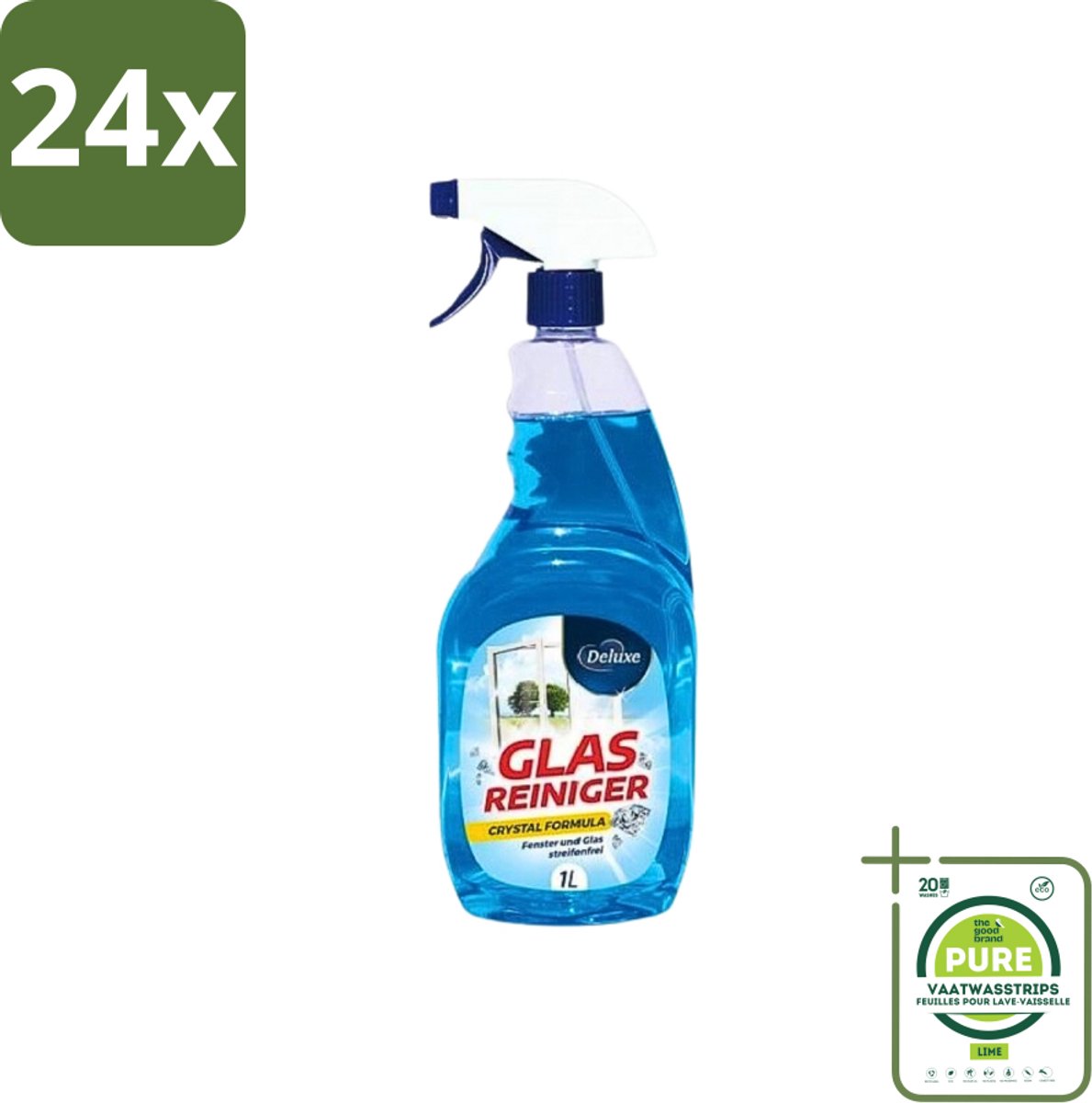 Deluxe - Glasreiniger - Crystal Formule - Streeploze Glans - 1L - Voordeelverpakking - 24 stuks - Glasreiniger - Ramen schoonmaken