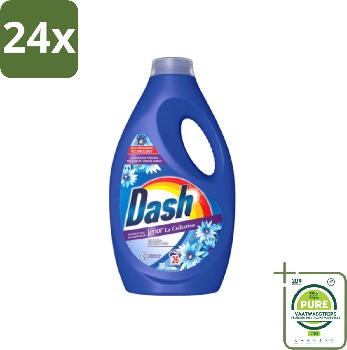 Dash - Lenor Collectie - Vloeibaar Wasmiddel - Witte en Gekleurde Was - Zeebries - 26 Wasbeurten - Voordeelverpakking - 24 stuks - Wasmiddel - Lenor