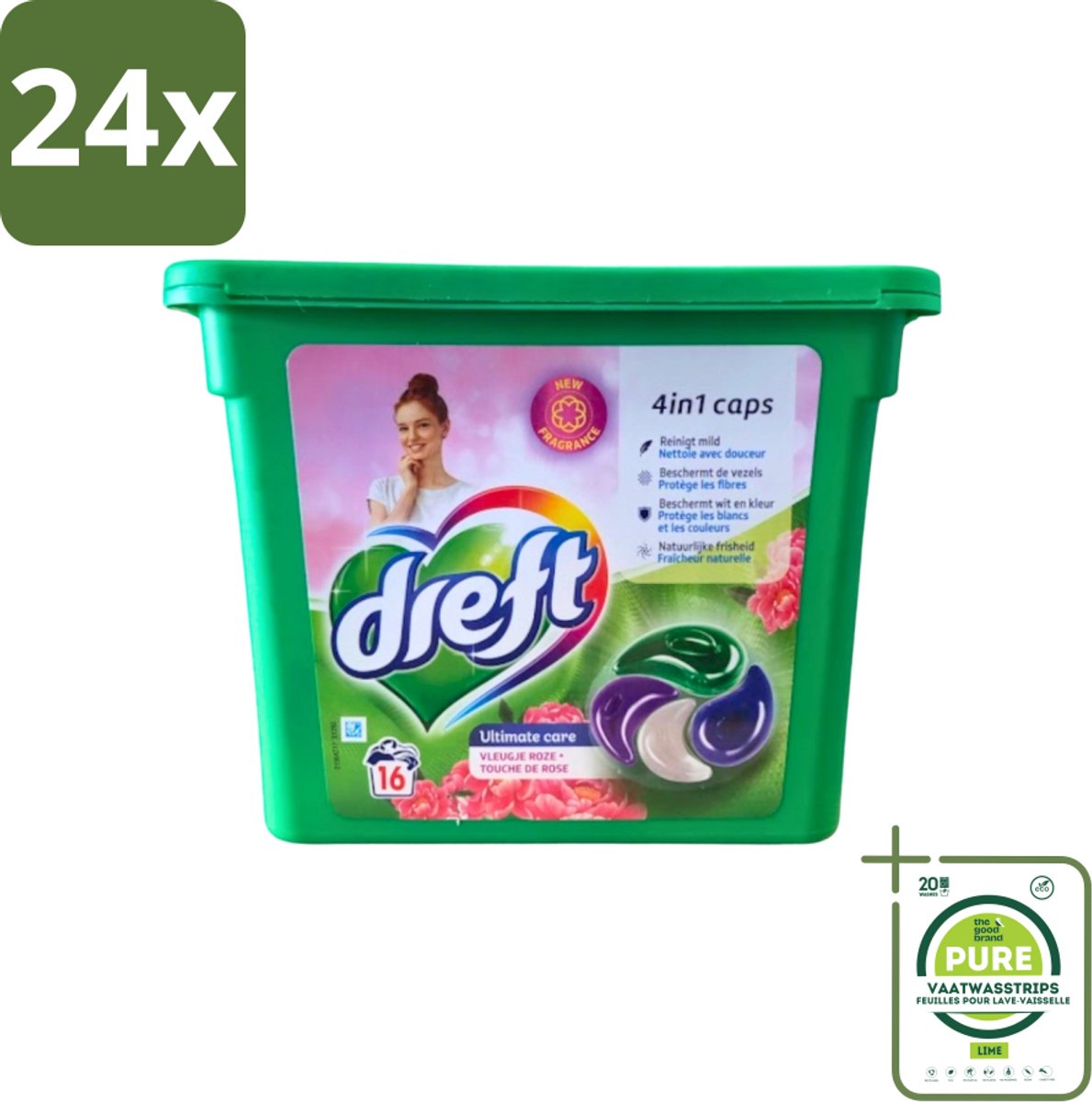 Dreft - Wasmiddelcapsules 4in1 - Witte en Gekleurde Was - Vleugje Roze - 16 Wasbeurten - Voordeelverpakking - 24 stuks - Wasmiddelcapsules - Wasmiddel