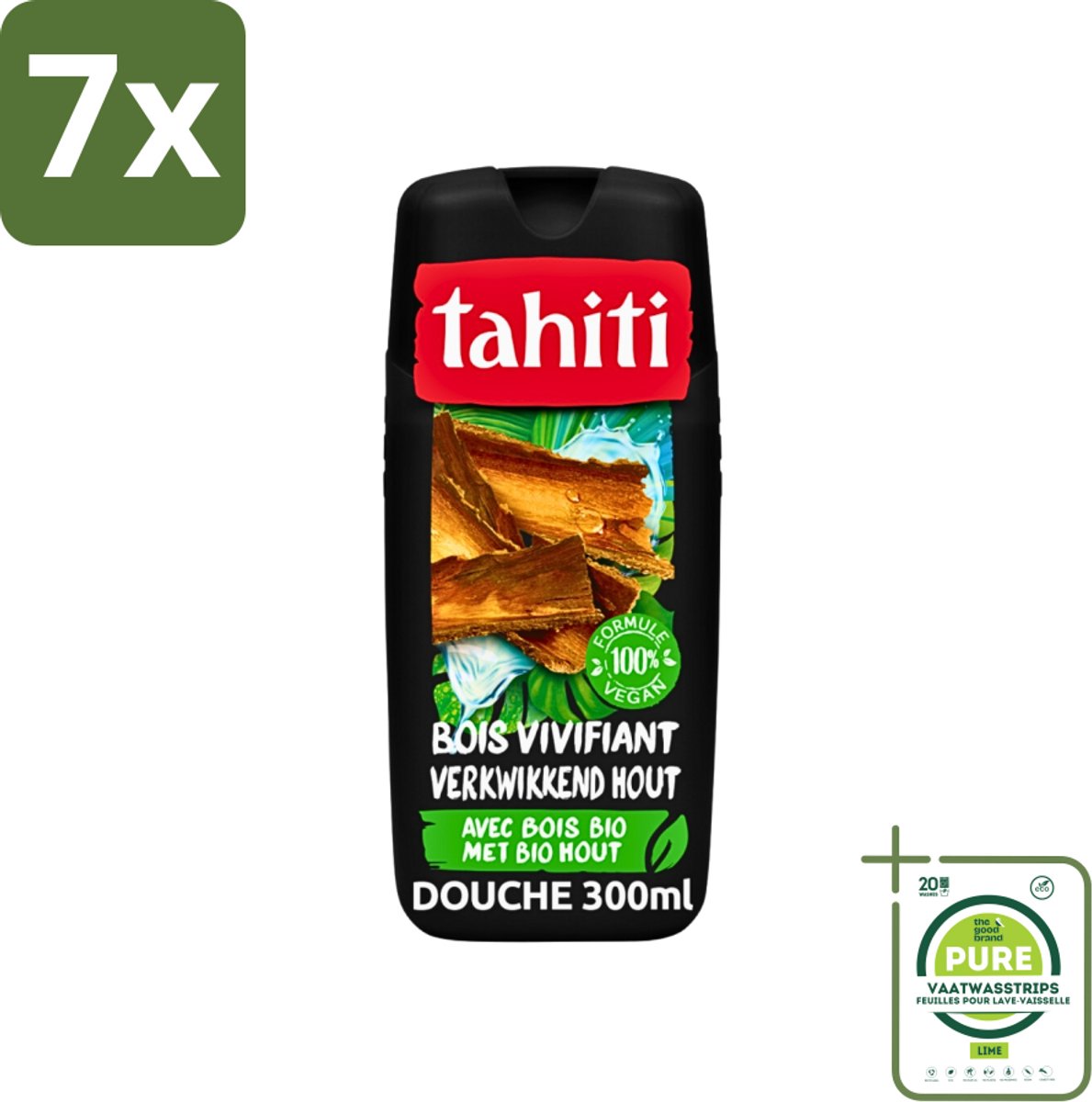 7 x Tahiti - Douchegel - Verkwikkend Bio Hout - 100% Vegan - 300 ml - Grootverpakking - Douchegel - Houtgeur - Verfrissend - Hydraterend - Ginseng