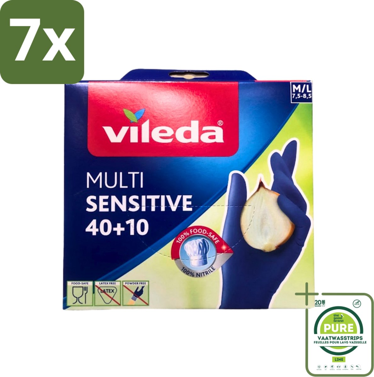 7 x Vileda - Multi Sensitive - Nitrile Handschoenen - Maat M/L - 50 Paar - Grootverpakking - Nitril Handschoenen - Latexvrije Handschoenen - Voedselveiligheid - Hygiëne Handschoenen - Handschoenen Voor Voedselindustrie