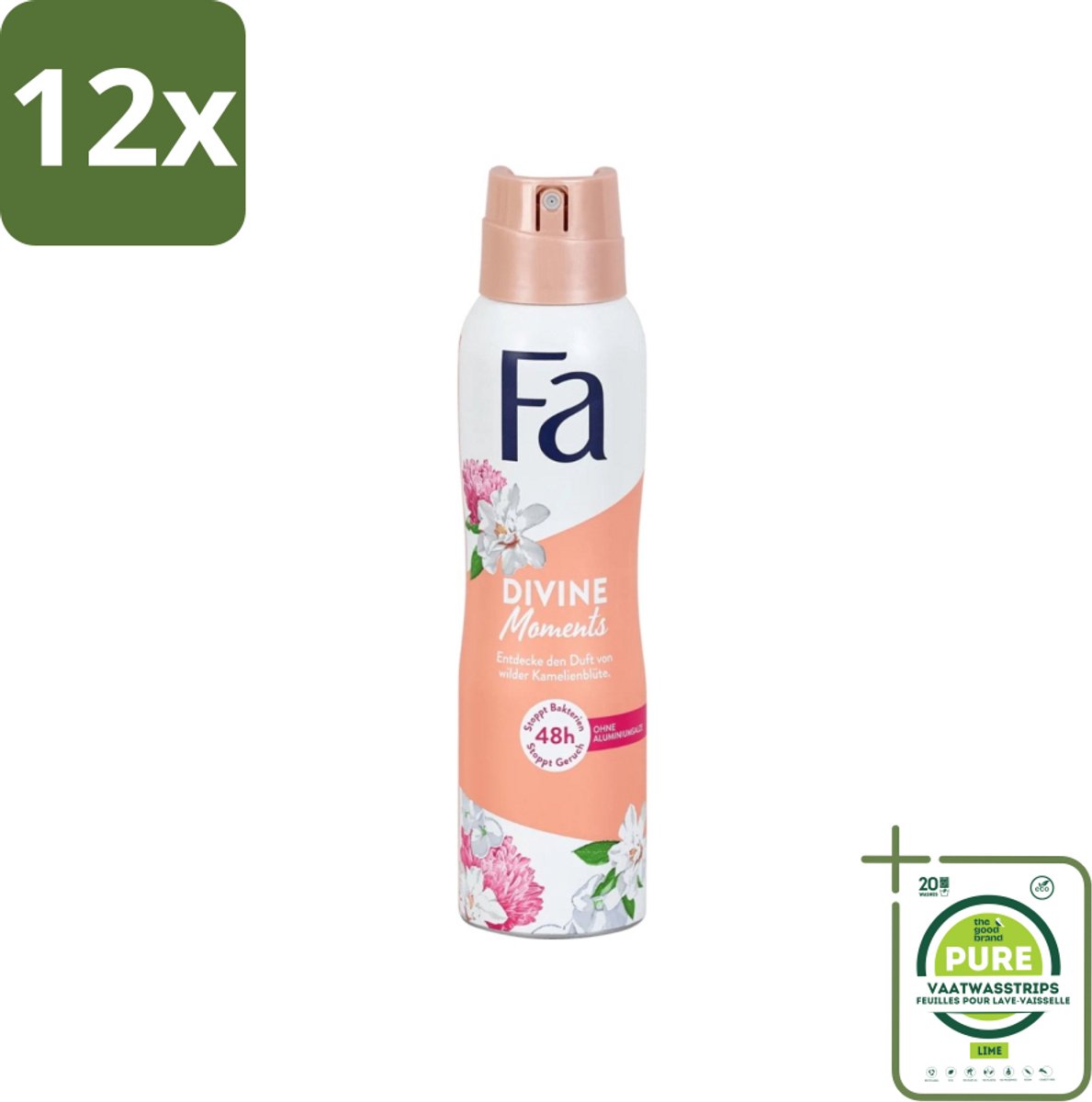 Fa - Divine Moments - Deodorant Spray - Wilde Cameliabloesem - 150 ml - Voordeelverpakking - 12 stuks - Deodorant - Anti-vlekken deodorant