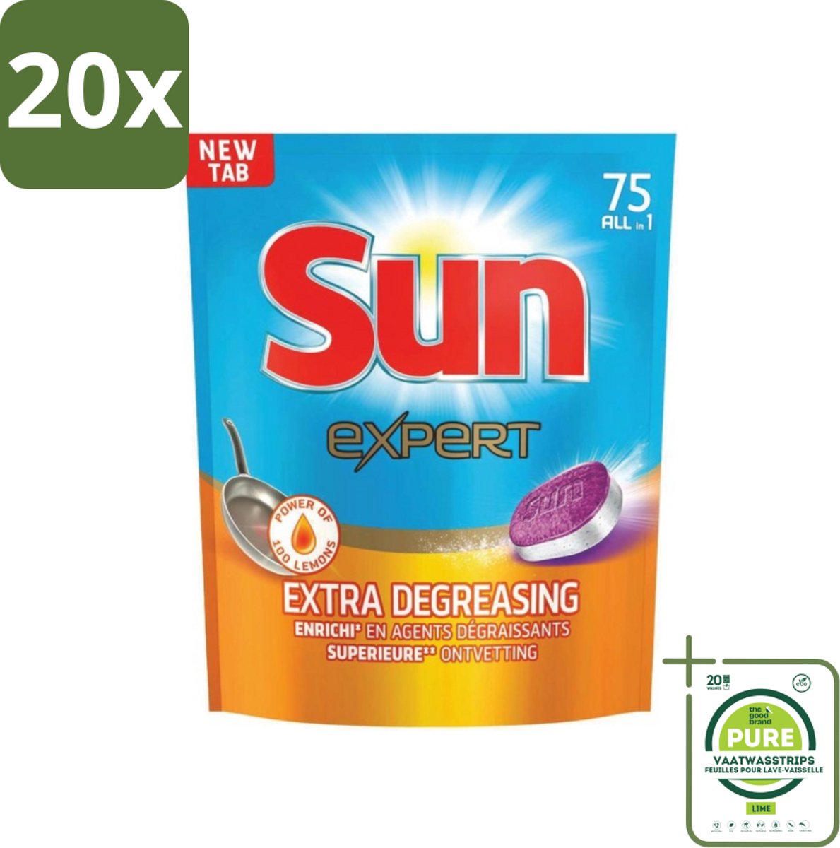 20 x Sun Expert - All-in-1 - Vaatwastabletten - Extra Ontvettend - 75 Tabletten - Grootverpakking - Vaatwastabletten - Vaatwasser - Ontvettende - Vaatwasmiddel - Spoelglans