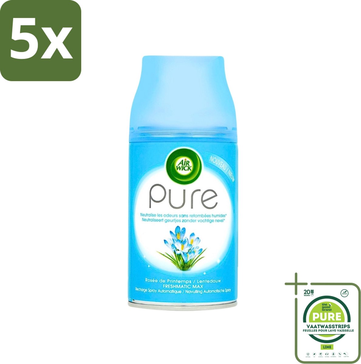 5 x Air Wick Freshmatic Automatische Spray Navulling Pure Lentedauw 250 ml - Grootverpakking - Luchtverfrisser - Geurverspreider - Air Wick - Pure Lentedauw - Frisse Geur