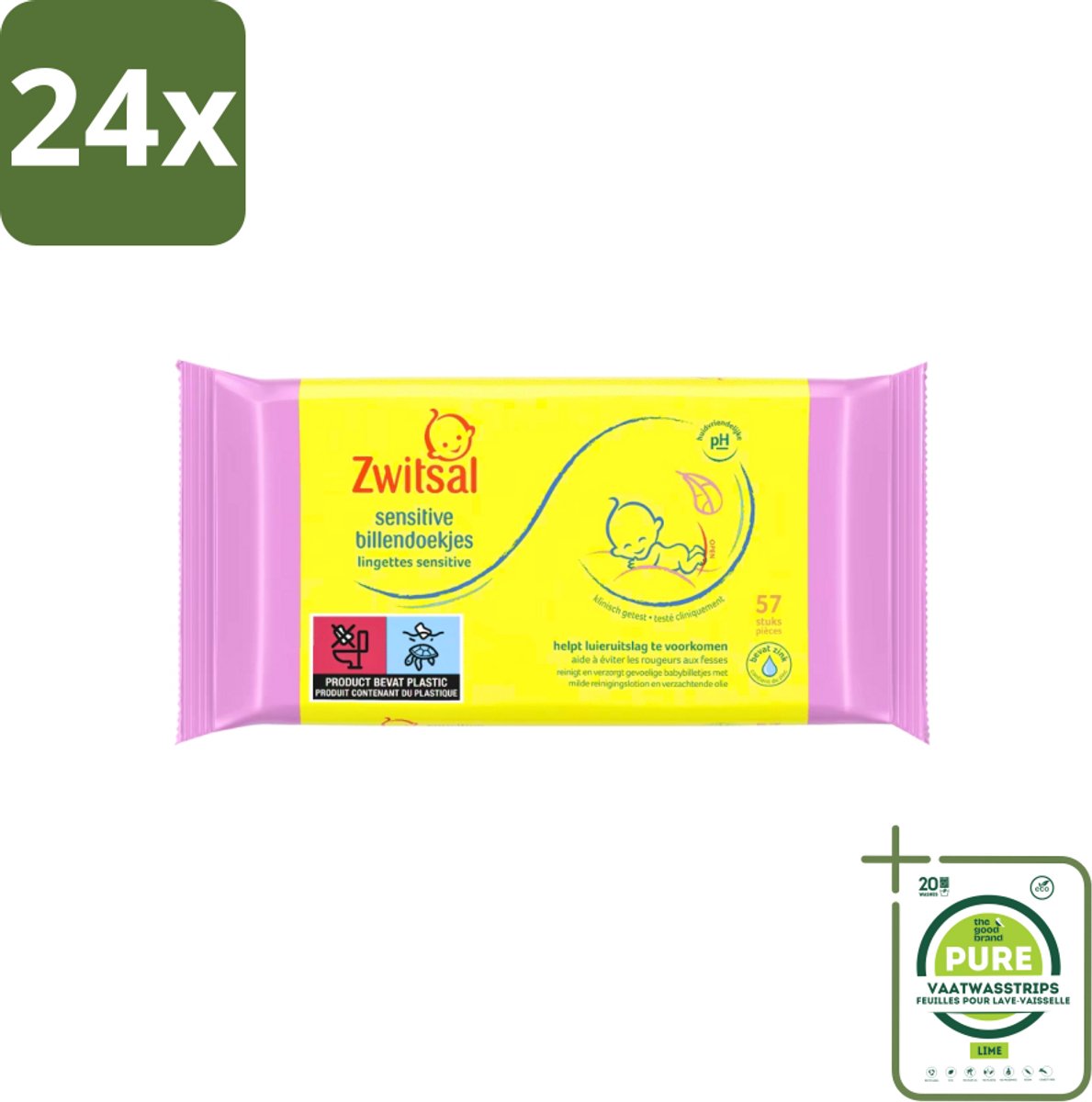 Zwitsal - Babyverzorging - Billendoekjes Sensitive - Voor de Gevoelige Babyhuid - 57 Doekjes - Voordeelverpakking - 24 stuks - Babybillendoekjes - Billendoekjes gevoelige huid