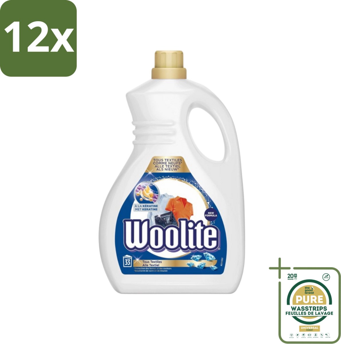 Woolite Textile - Vloeibaar Wasmiddel - Met Keratine - Textiel Was - 33 Wasbeurten - 2L - Voordeelverpakking - 12 stuks - Wasmiddel met keratine - Textielwas