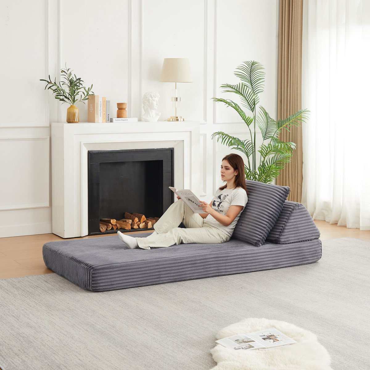 FloraGrace Slaapbank 211,5 Cm – Modulaire 1-Zits Met Verplaatsbare Rug- En Armleuningen – Voor Woonkamer En Logeerkamer – Ribstof – Grijs