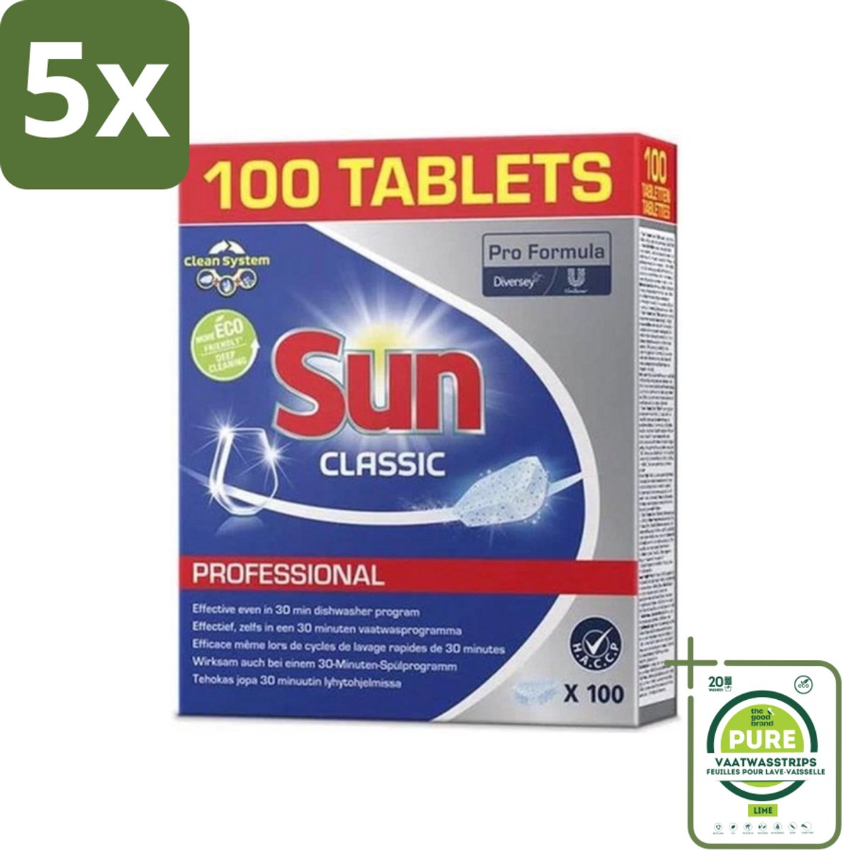 5 x Sun Classic - Pro Formula - Vaatwastabletten - 100 Tabletten - Grootverpakking - Vaatwastabletten - Vaatwasser Tabletten - Vaatreiniger - Hardnekkige Vlekken - Glans
