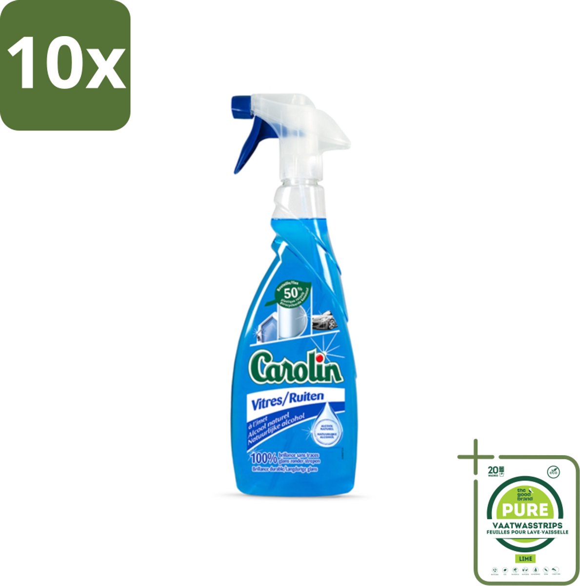 10 x Carolin - Glas- en Ruitenreiniger - Met Natuurlijke Alcohol - 650 ml - Grootverpakking - Glasreiniger - Ramen Schoonmaken - Streeploos - Natuurlijke Reiniger - Alcohol Reiniger