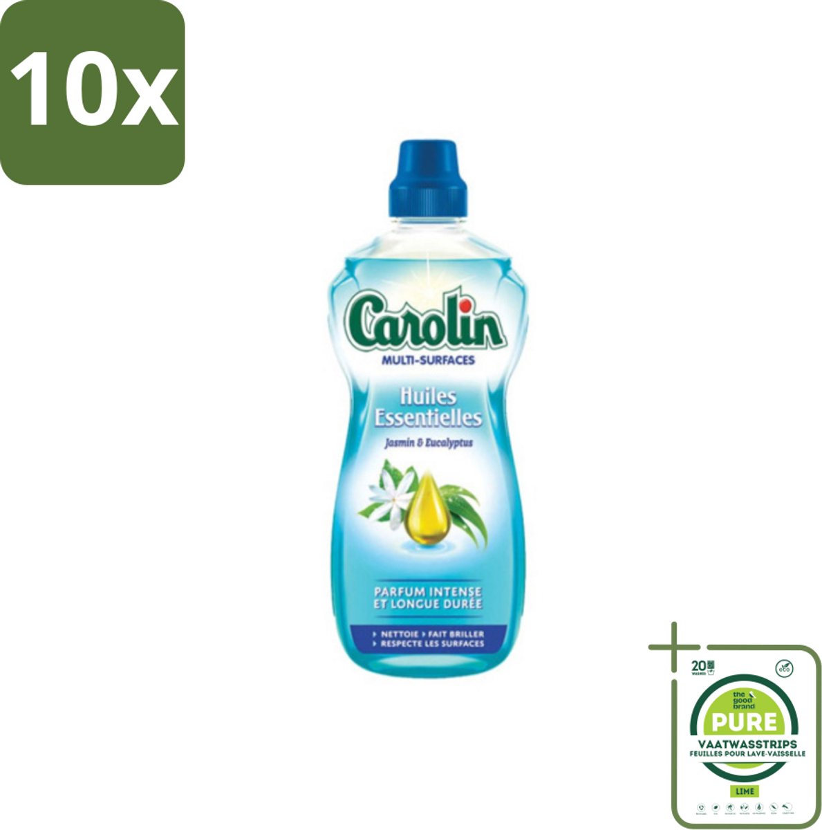 10 x Carolin - Allesreiniger - Essentiële Oliën van Jasmijn en Eucalyptus - 1 L - Grootverpakking - Allesreiniger - Schoonmaakmiddel - Jasmijn - Eucalyptus - Geur