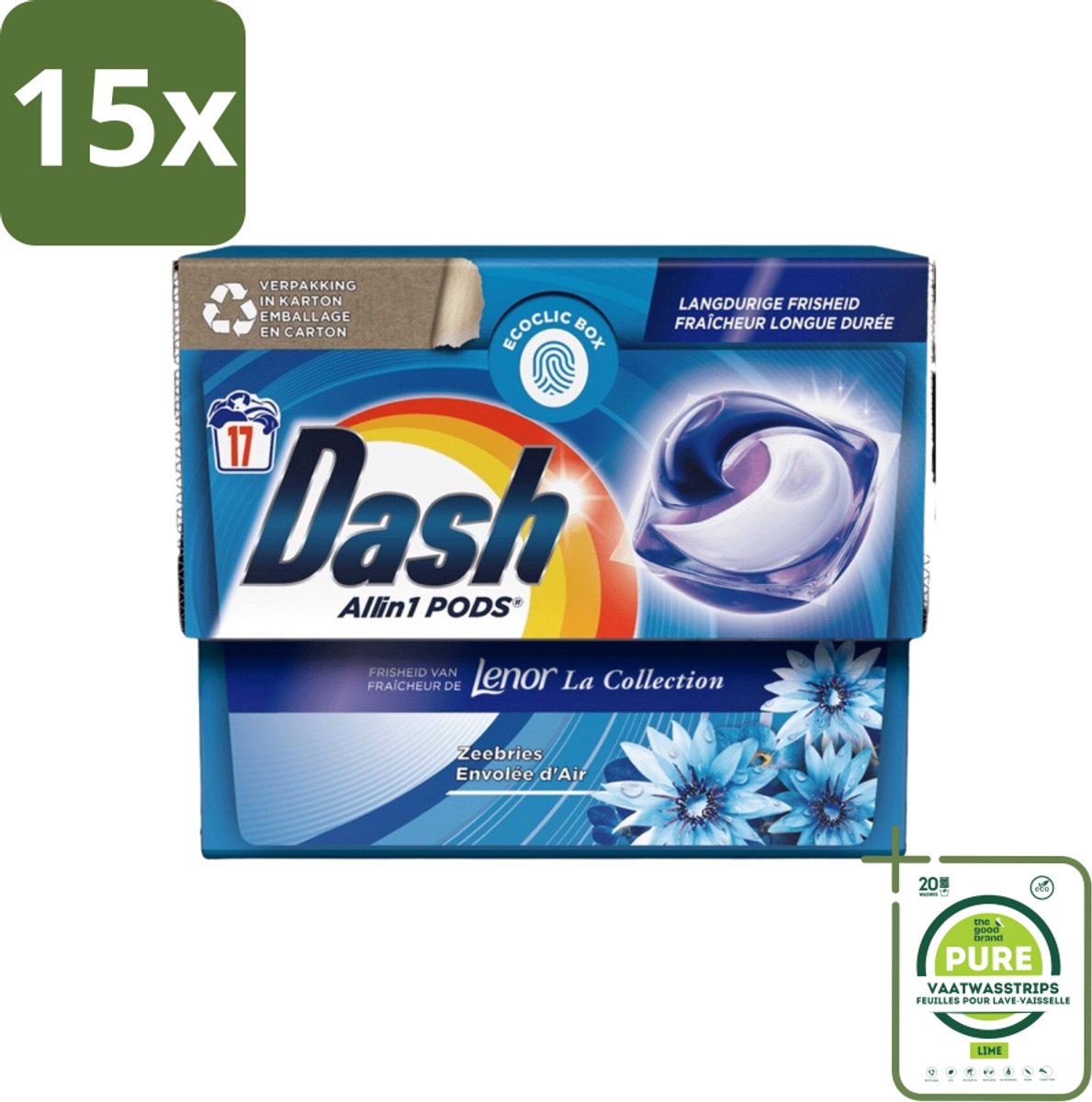 15 x Dash - Lenor Collectie - Wasmiddel Capsules - All-in-1 Pods - Witte en Gekleurde Was - Zeebries - 17 Wasbeurten - Grootverpakking - Wasmiddel Capsules - Waspoeder - Lenor - Zeebries - Wasverzachter