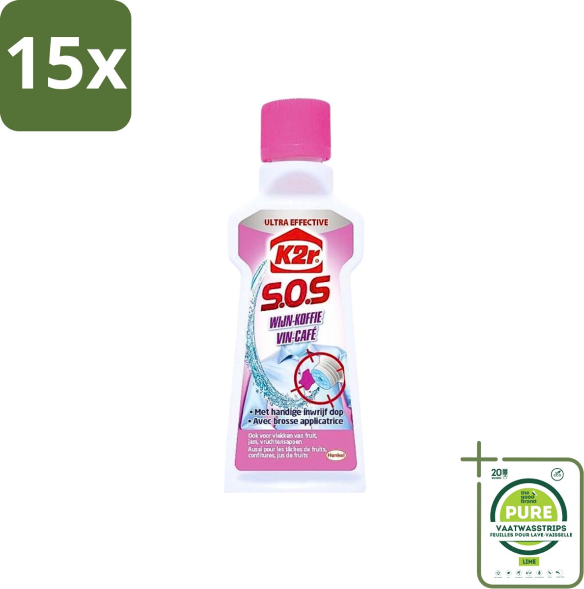 15 x K2R - SOS Vlekverwijderaar - Wijn & Koffie - 50ml - Grootverpakking - Vlekkenverwijderaar - Wijnvlekken - Koffievlekken - Textielreiniger - Vlekken Uit Textiel