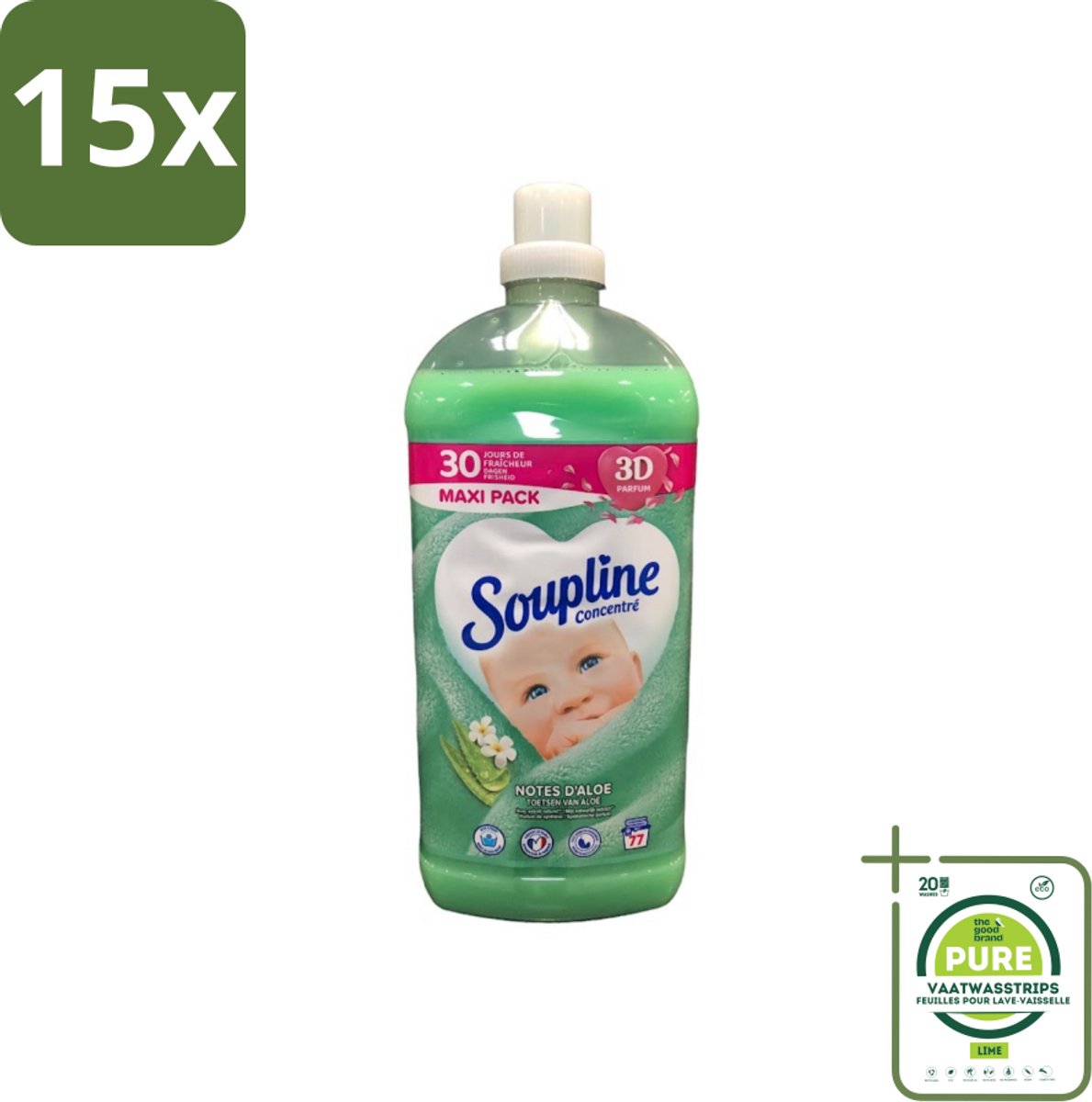 15 x Soupline - Wasverzachter - Aloë Vera Concentraat - 77 Wasbeurten - Grootverpakking - Wasverzachter - Aloë Vera - Wasverzachter Concentrat - Zachte Kleding - Frisse Geur