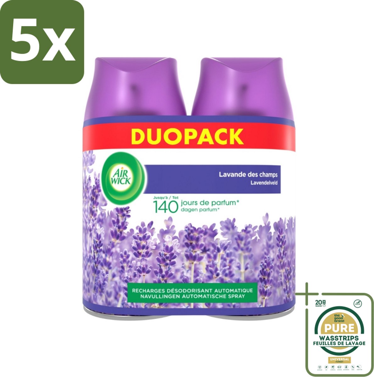 5 x Air Wick Freshmatic - Luchtverfrisser Navulling - Pure Fresh Lavendel - Bundel - 2x250ml - Grootverpakking - Lavendelgeur - Geurverspreider - Geur In Huis - Geur In Woning - Geur In Badkamer