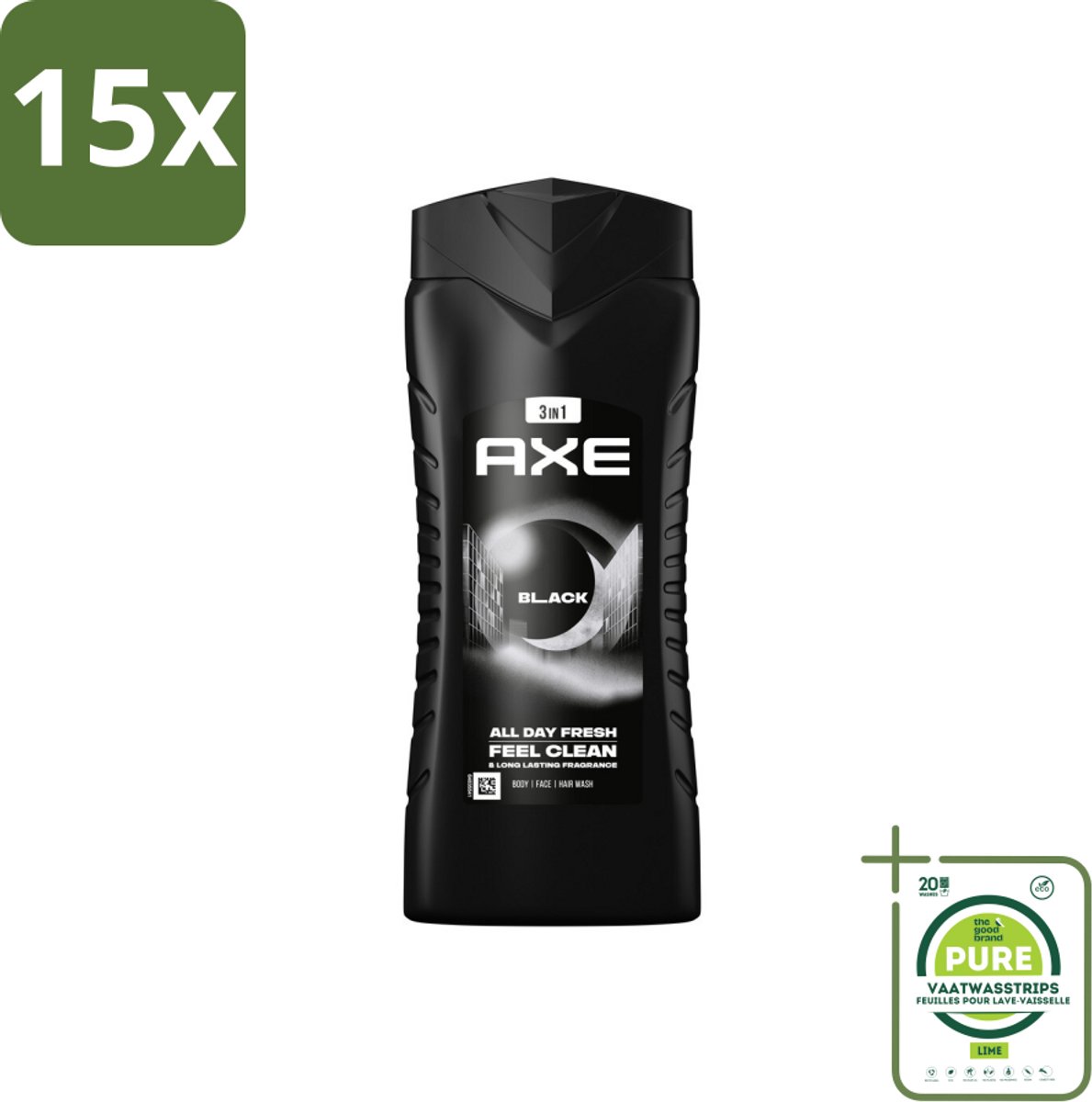 15 x Axe 3-in-1 Douchegel XL Black 400 ml - Grootverpakking - Douchegel - Axe - Black - Bevroren Peer - Cederhout