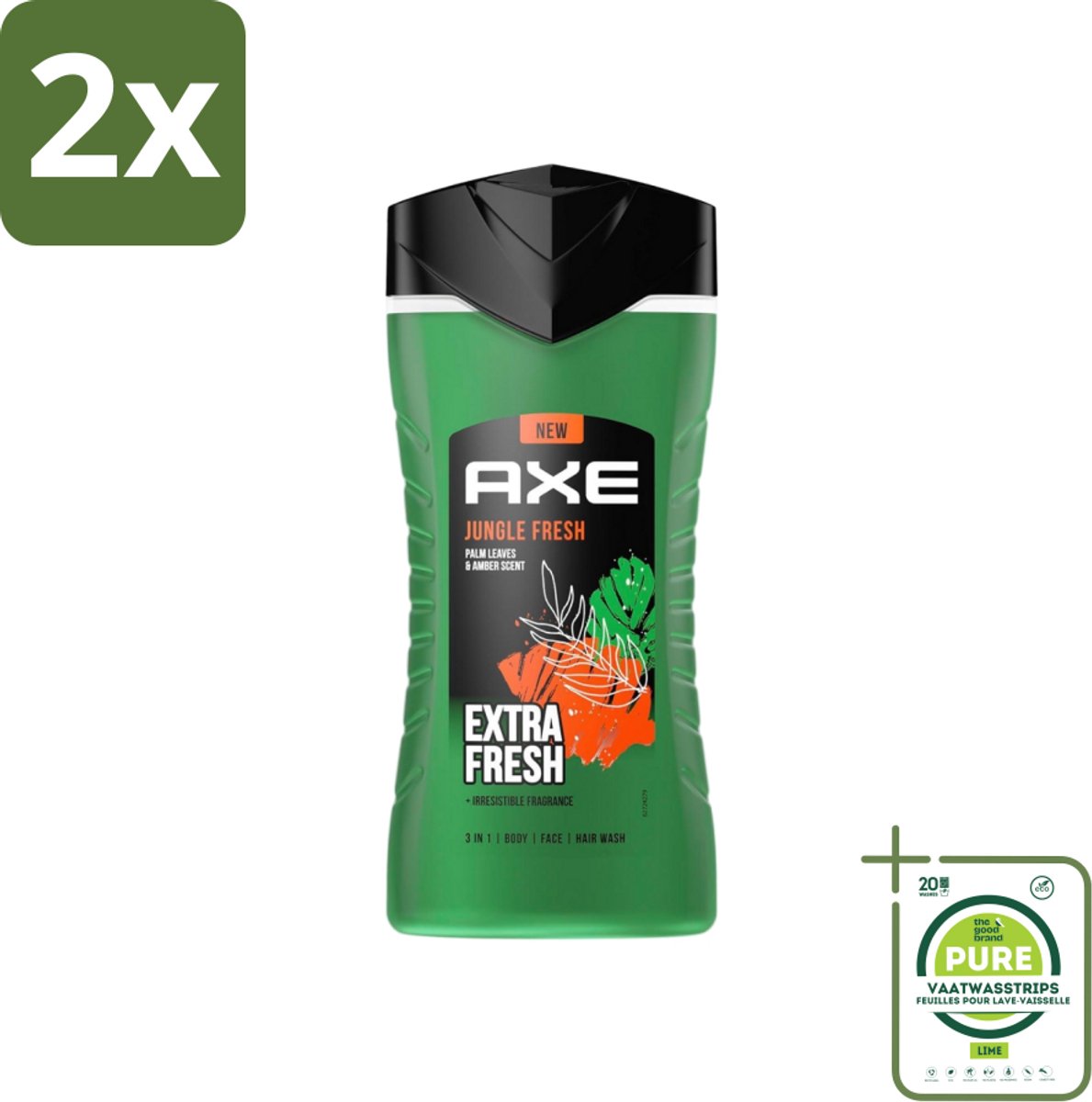 Axe - 3-in-1 Douchegel - Jungle Fresh - Palm Leaves & Amber - Extra Fresh - 250 ml - Voordeelverpakking - 2 stuks - Douchegel - 3-in-1