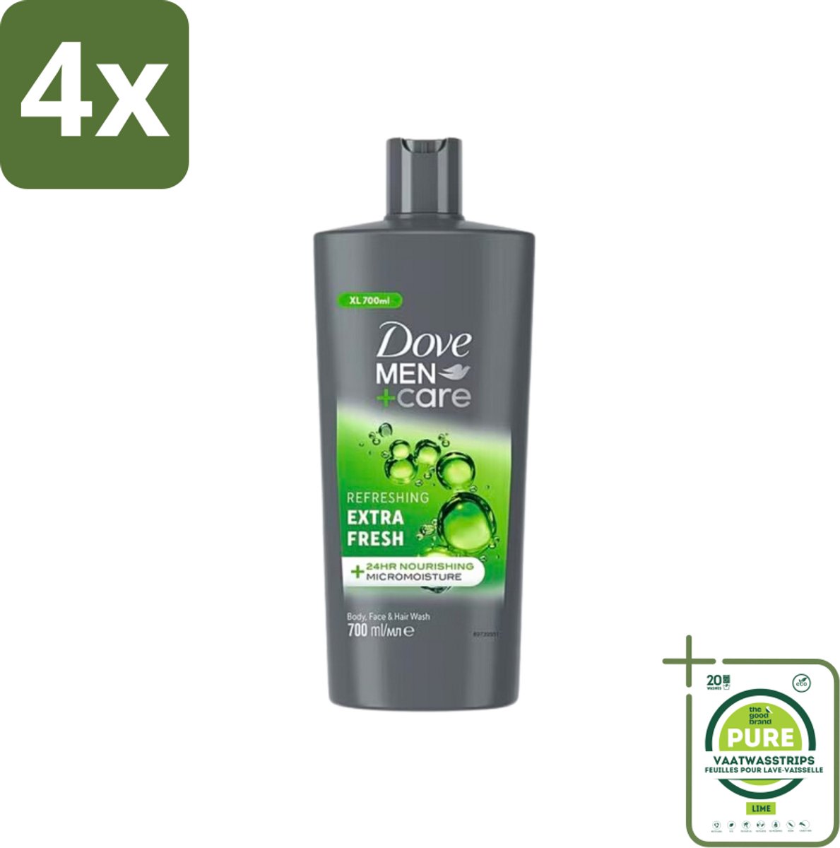 Dove Men+Care - Extra Fresh - Douchegel 3-in-1 - Verzorgend - 700 ml - Voordeelverpakking - 4 stuks - Douchegel - Mannen